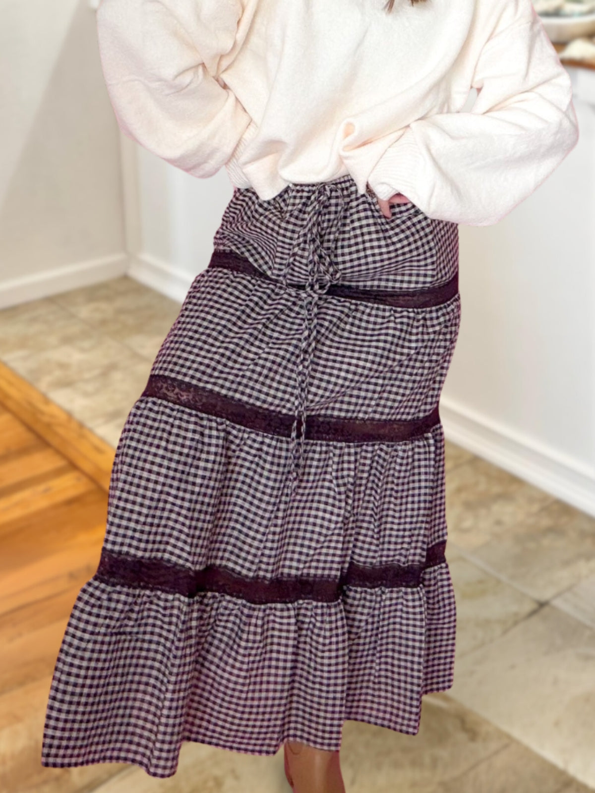 Lace Plaid Layered Midi Skirt