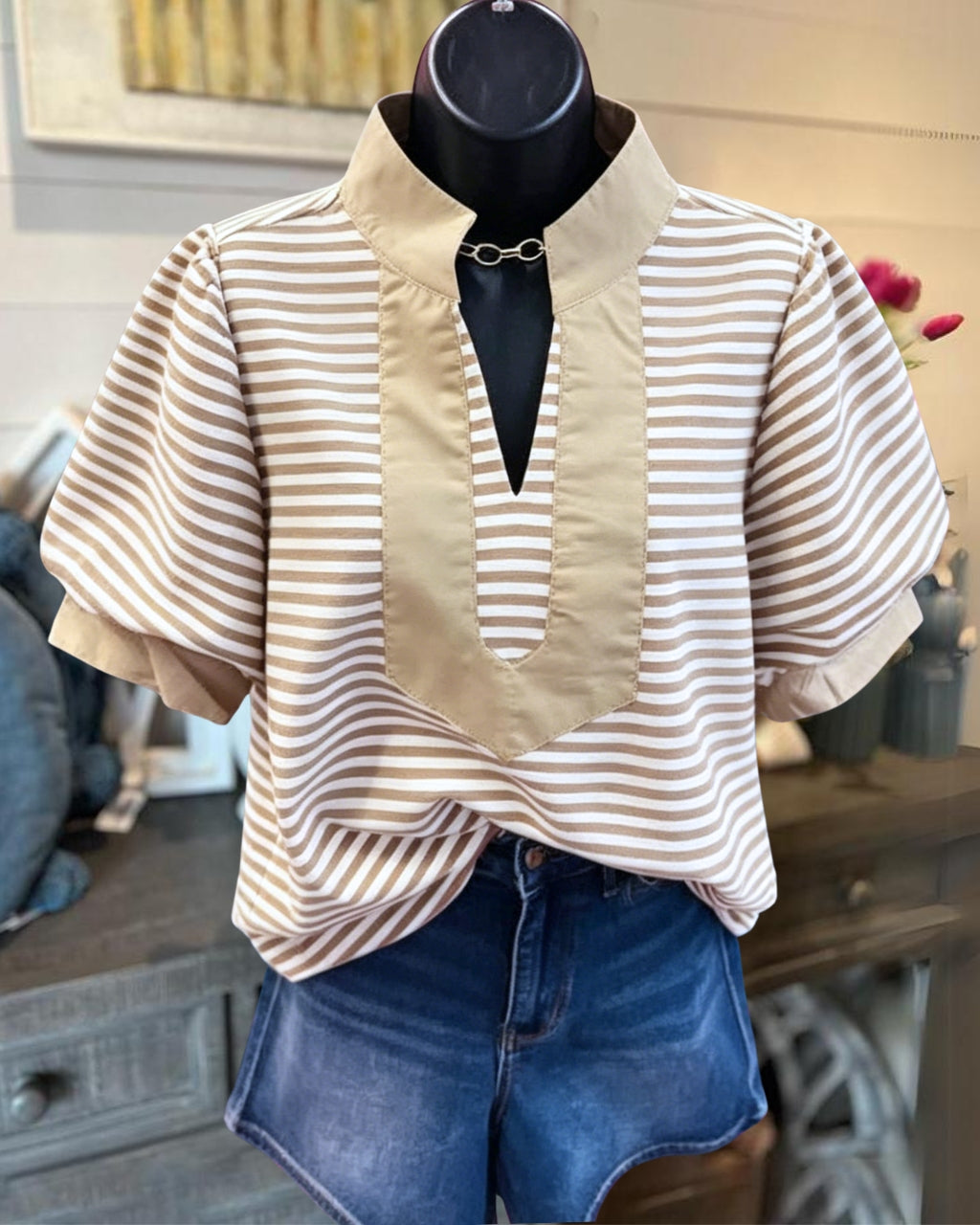 Striped Puff Sleeves Satin Top