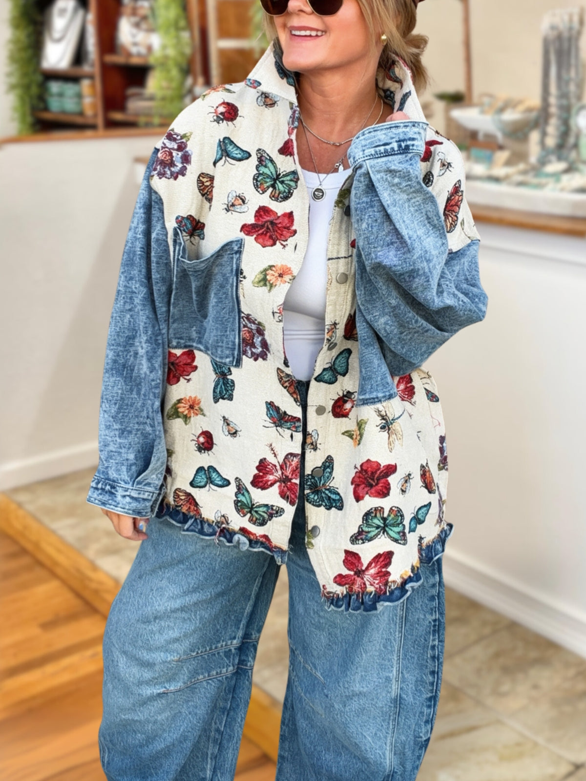 Colorful Butterfly Print Washed Distressed Jacket