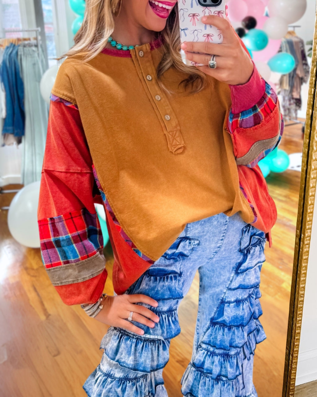 Mixed Plaid Patch Henley Pullover