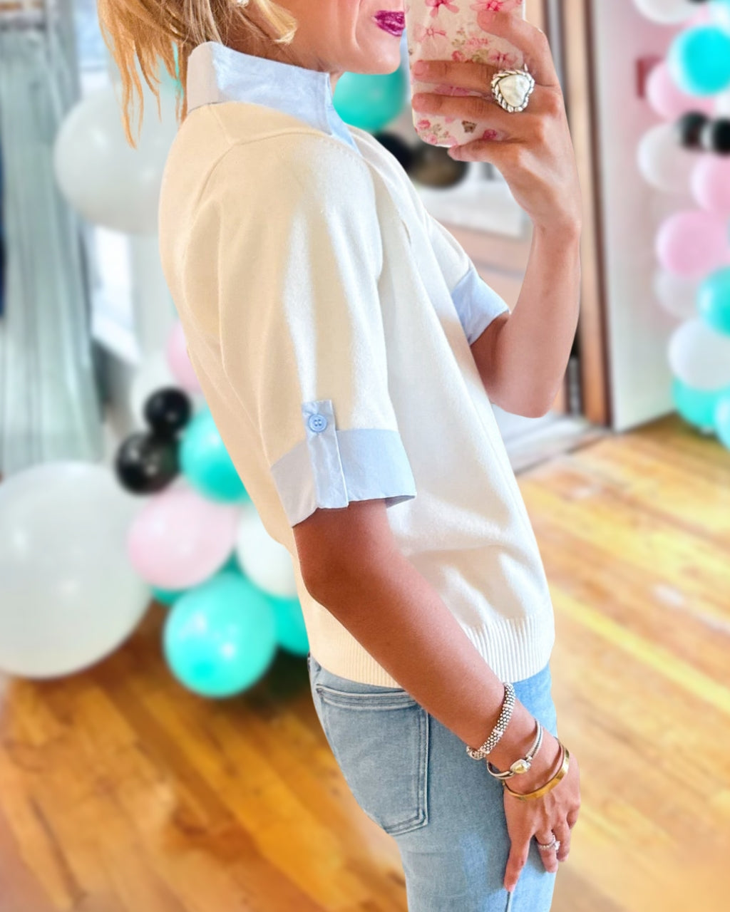 Patchwork Trim Collared Top
