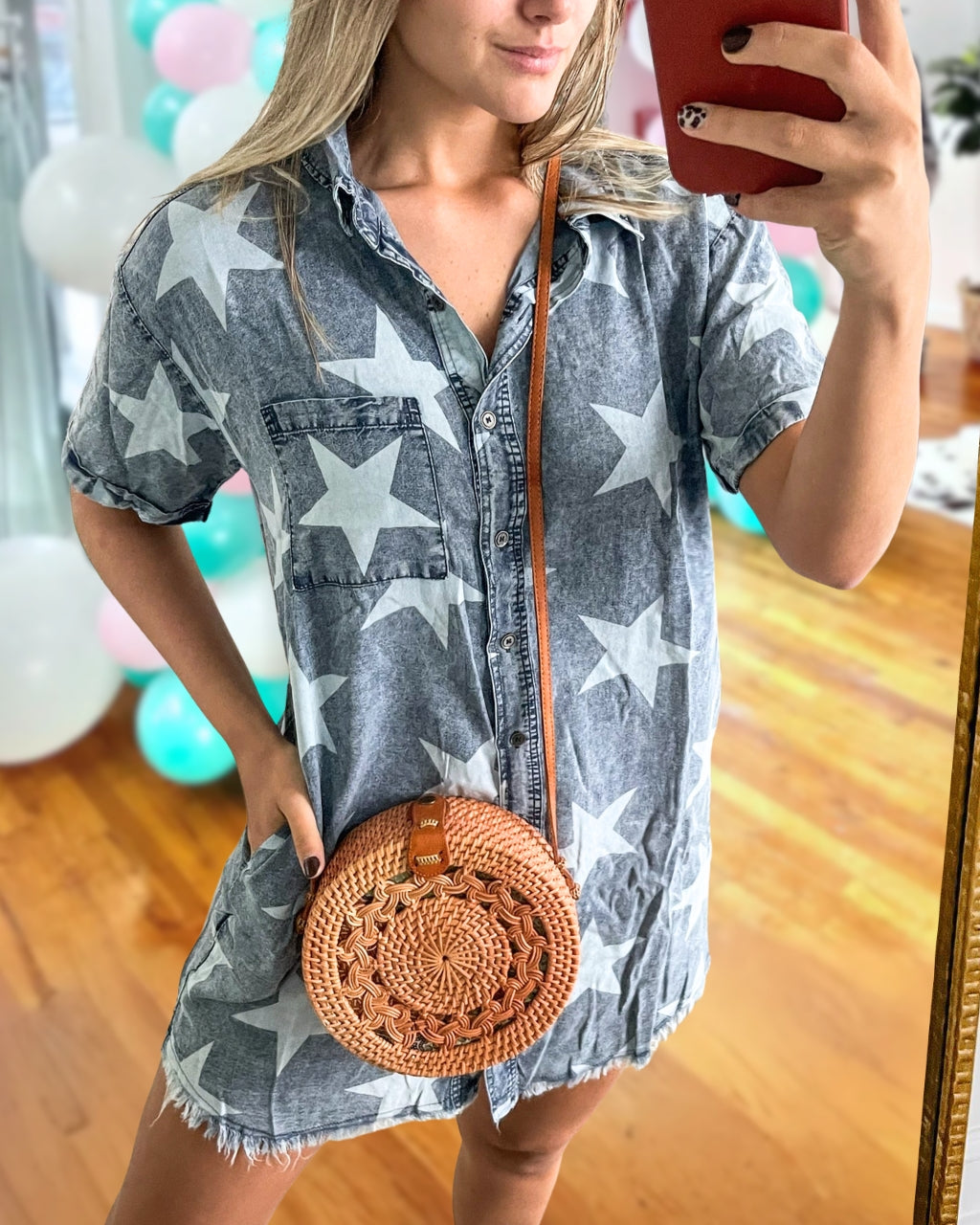 Star-Patterned Denim Shirt Dress