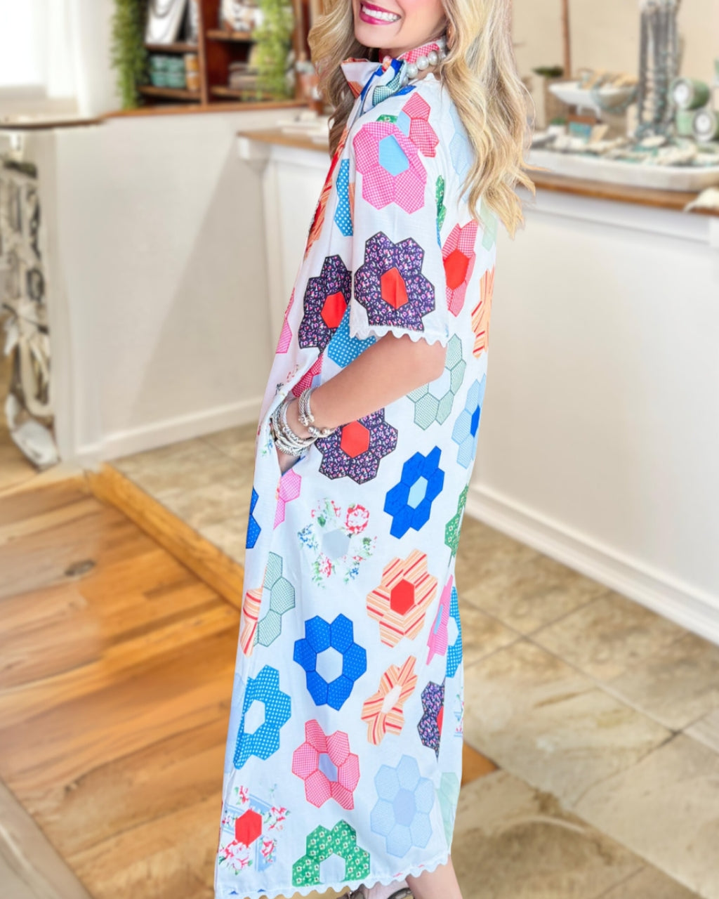 Geometric Floral Satin Dress