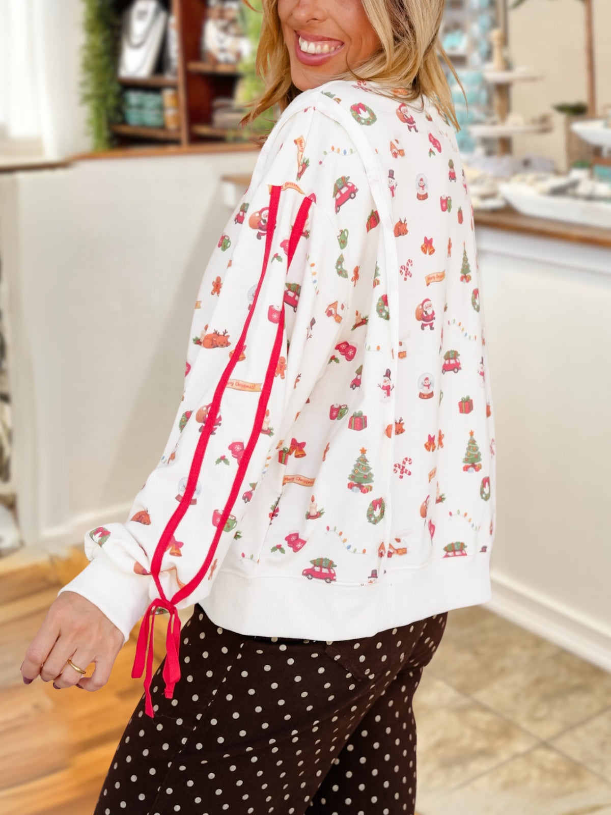 Christmas Print Webbing Bow Pullover