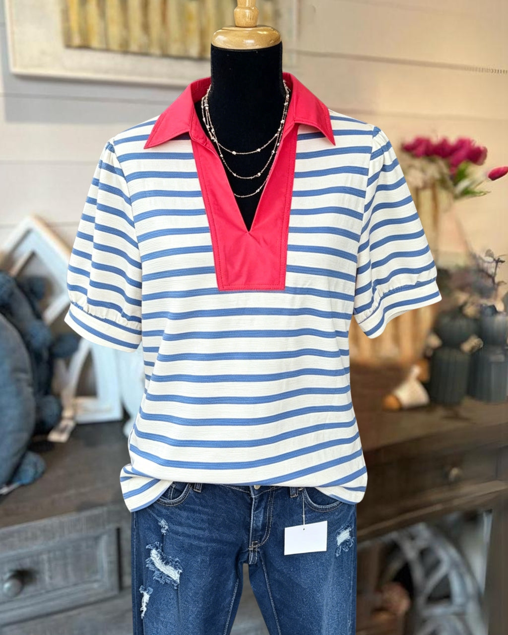 Striped Color-blocked Polo Top