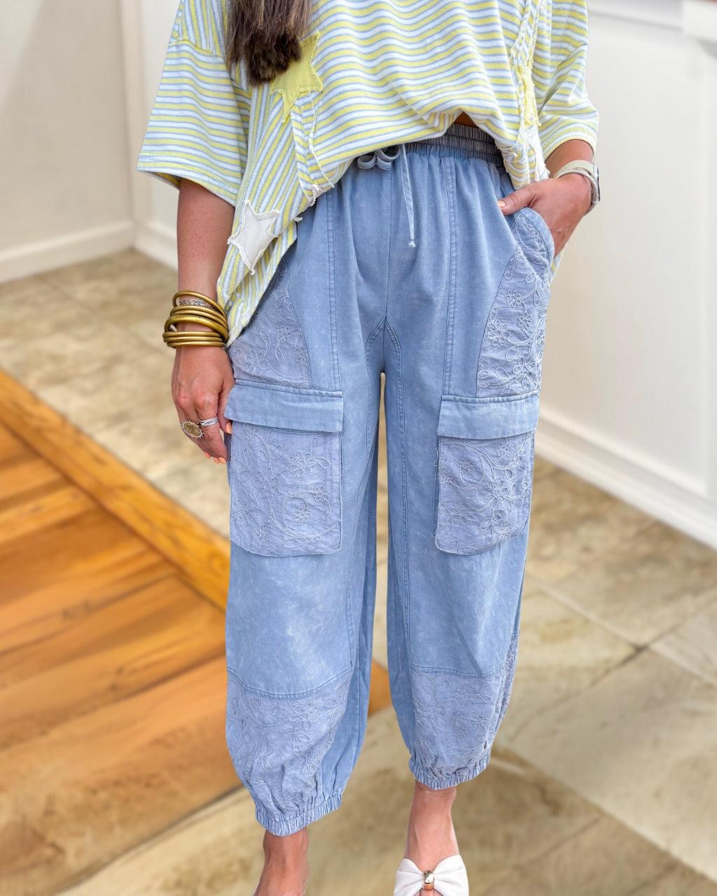 Embroidered Floral Denim Jogger