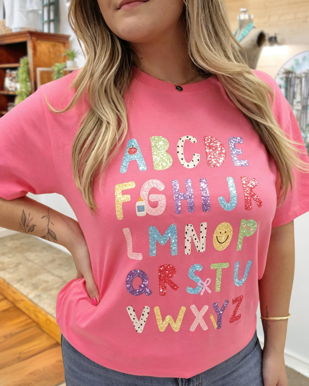 Colorful Glittery Letter Print Tee