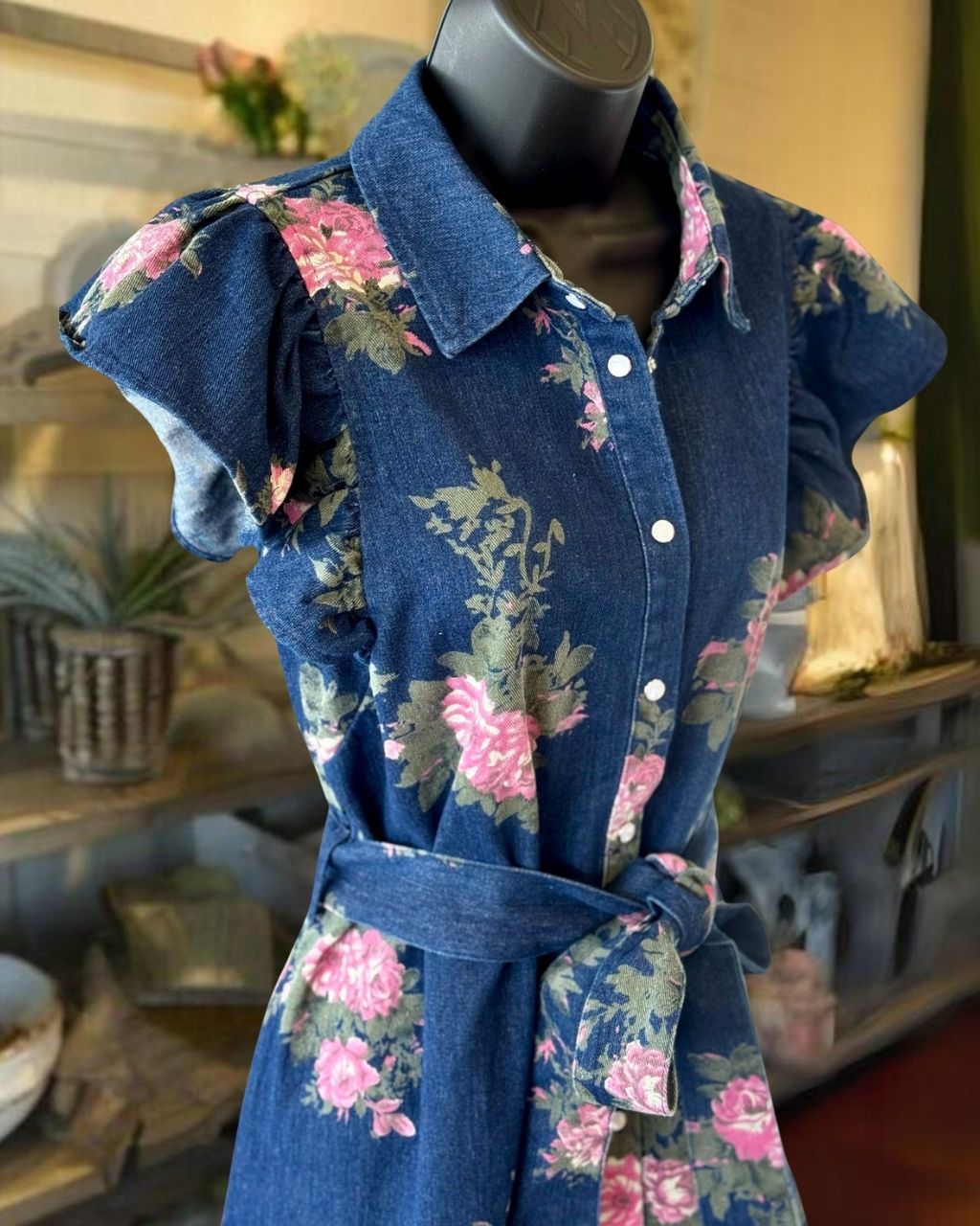 Floral Denim Belted Shirt Dress
