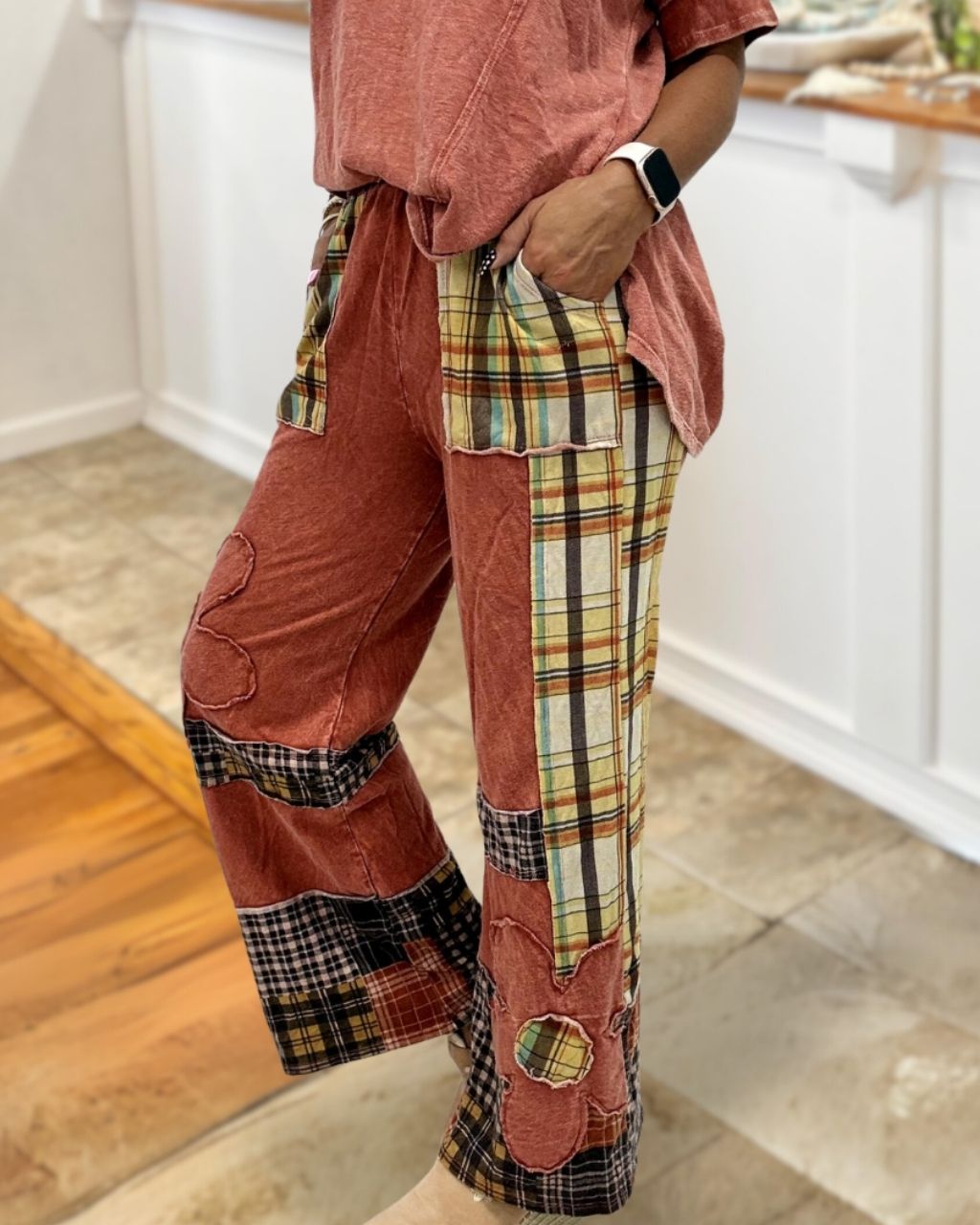 Checkered Floral Embroidered Patch Pants