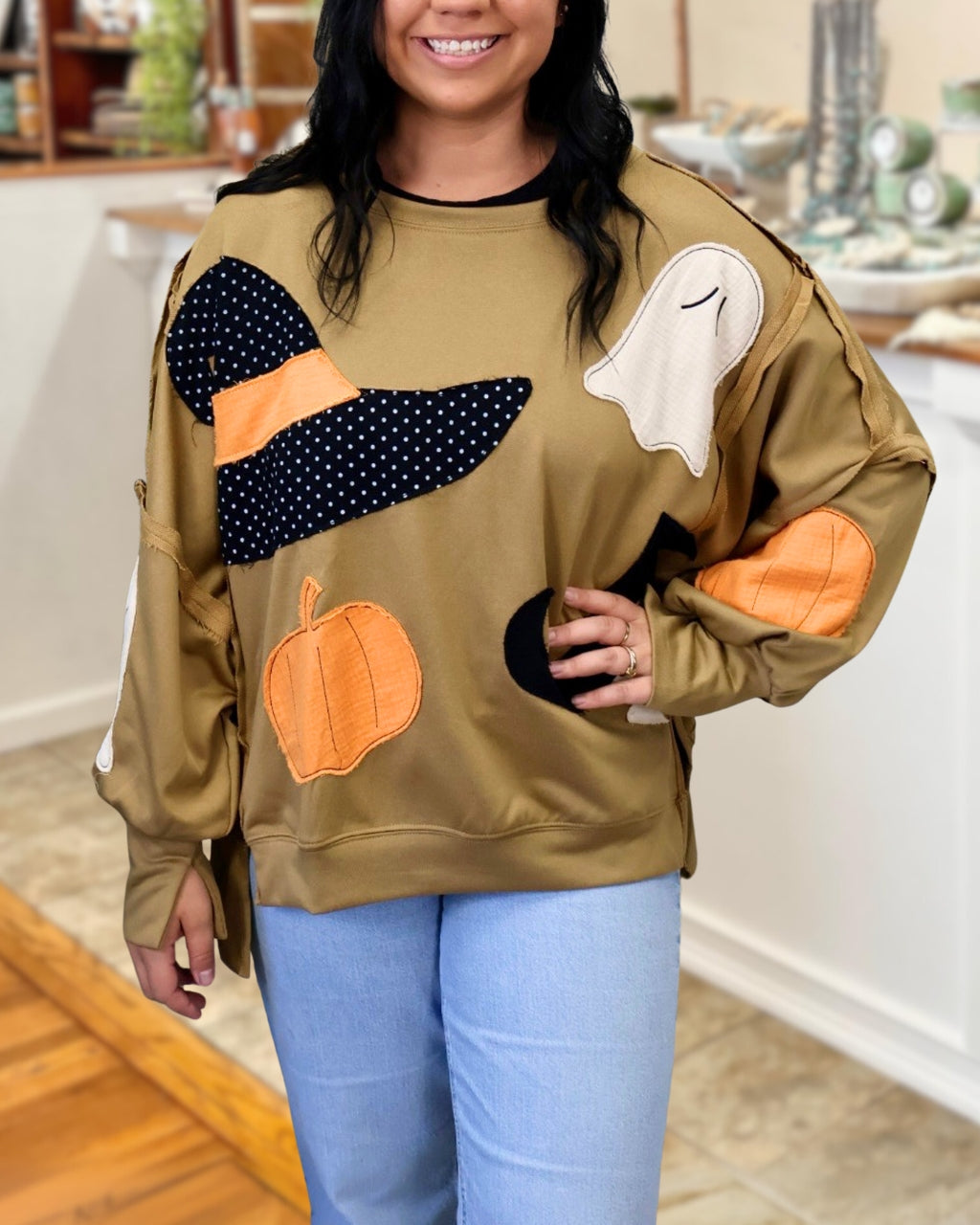 Halloween Pumpkin Ghost Embroidery Patchwork Pullover