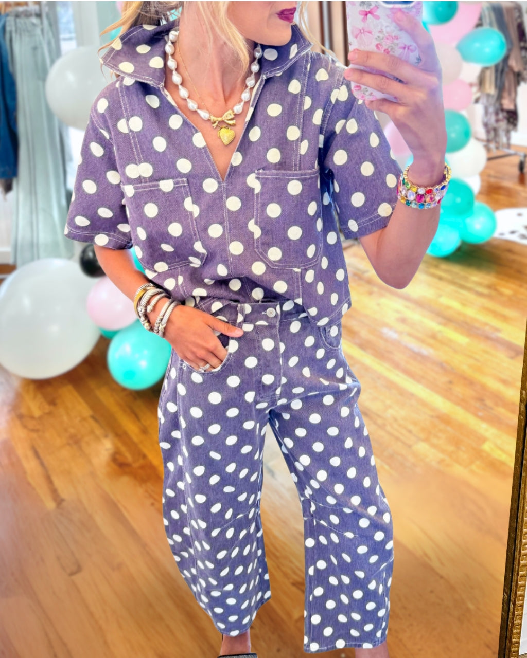 Polka Dot Washed Denim Collared Top