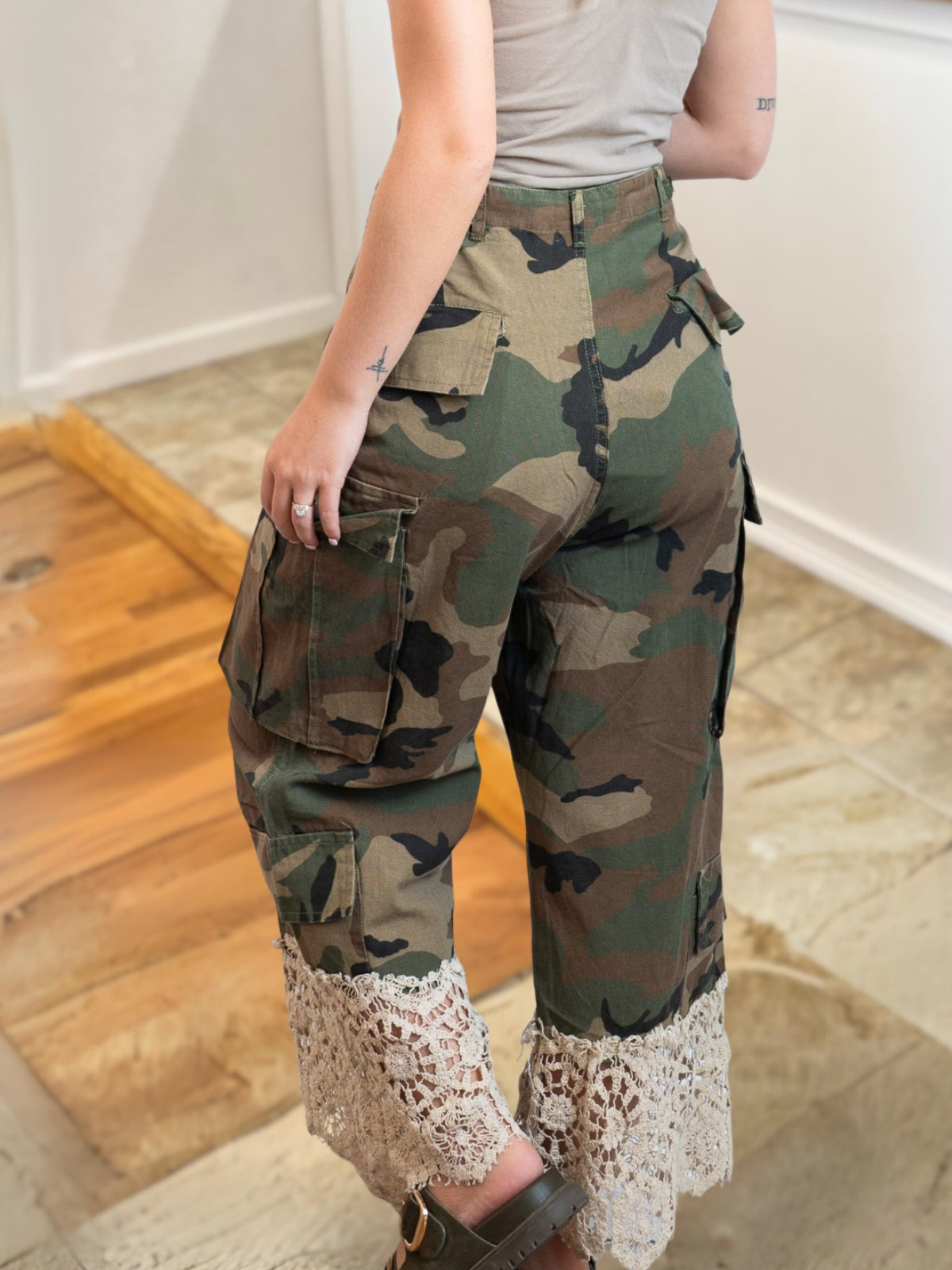 Camouflage Lace Hem Cargo Pants
