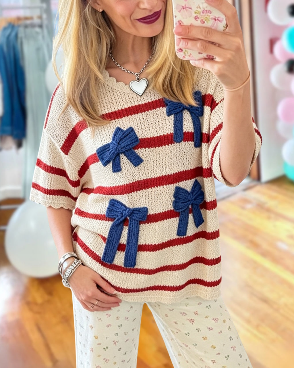 Bow Striped Knit Top