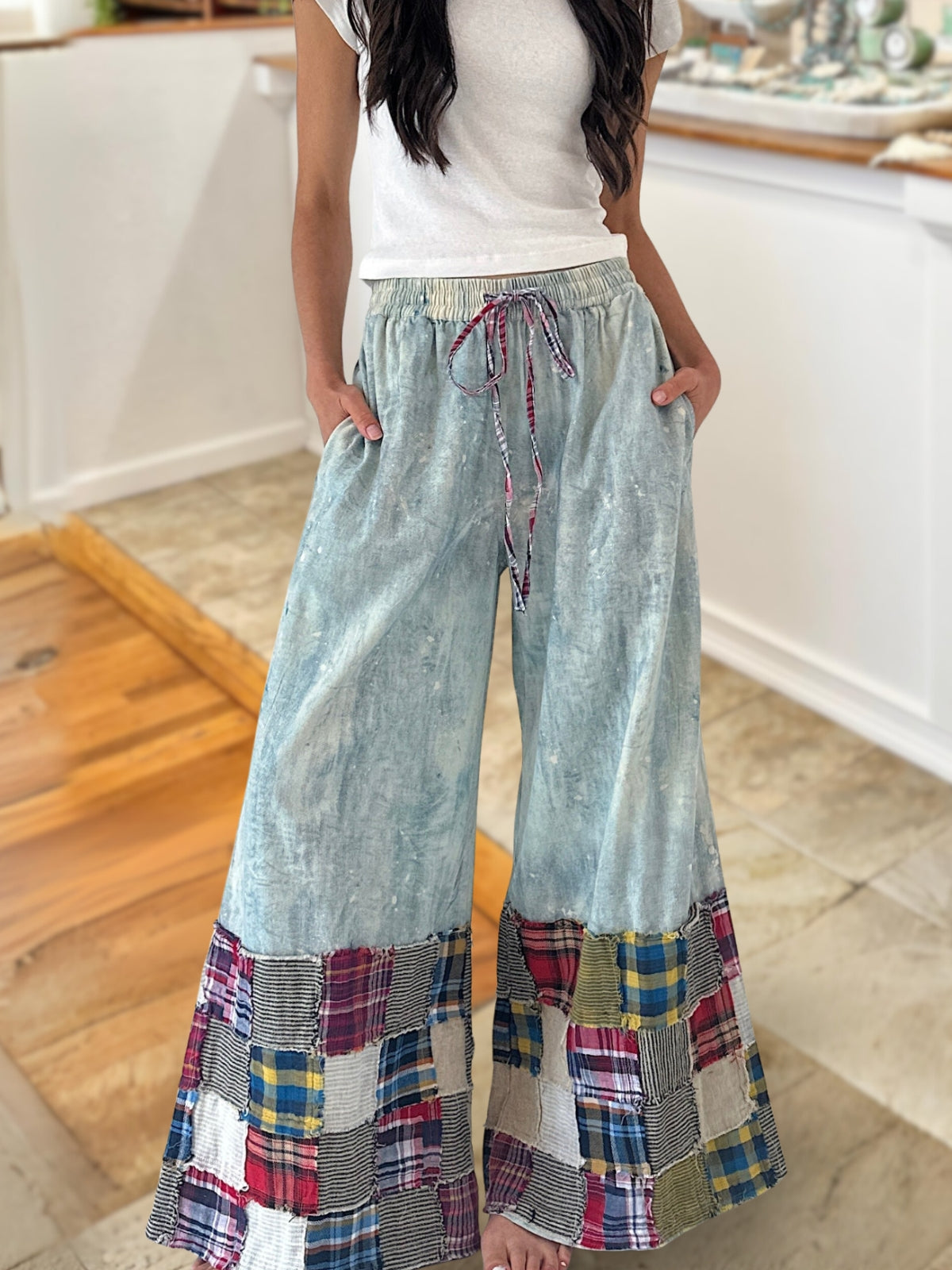 Plaid Patchwork Denim Wide-Leg Pants