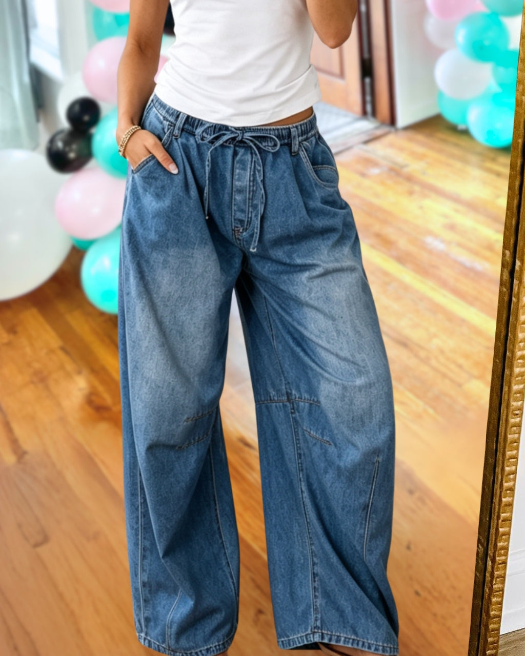 Elastic Waist Wide-leg Denim Pants
