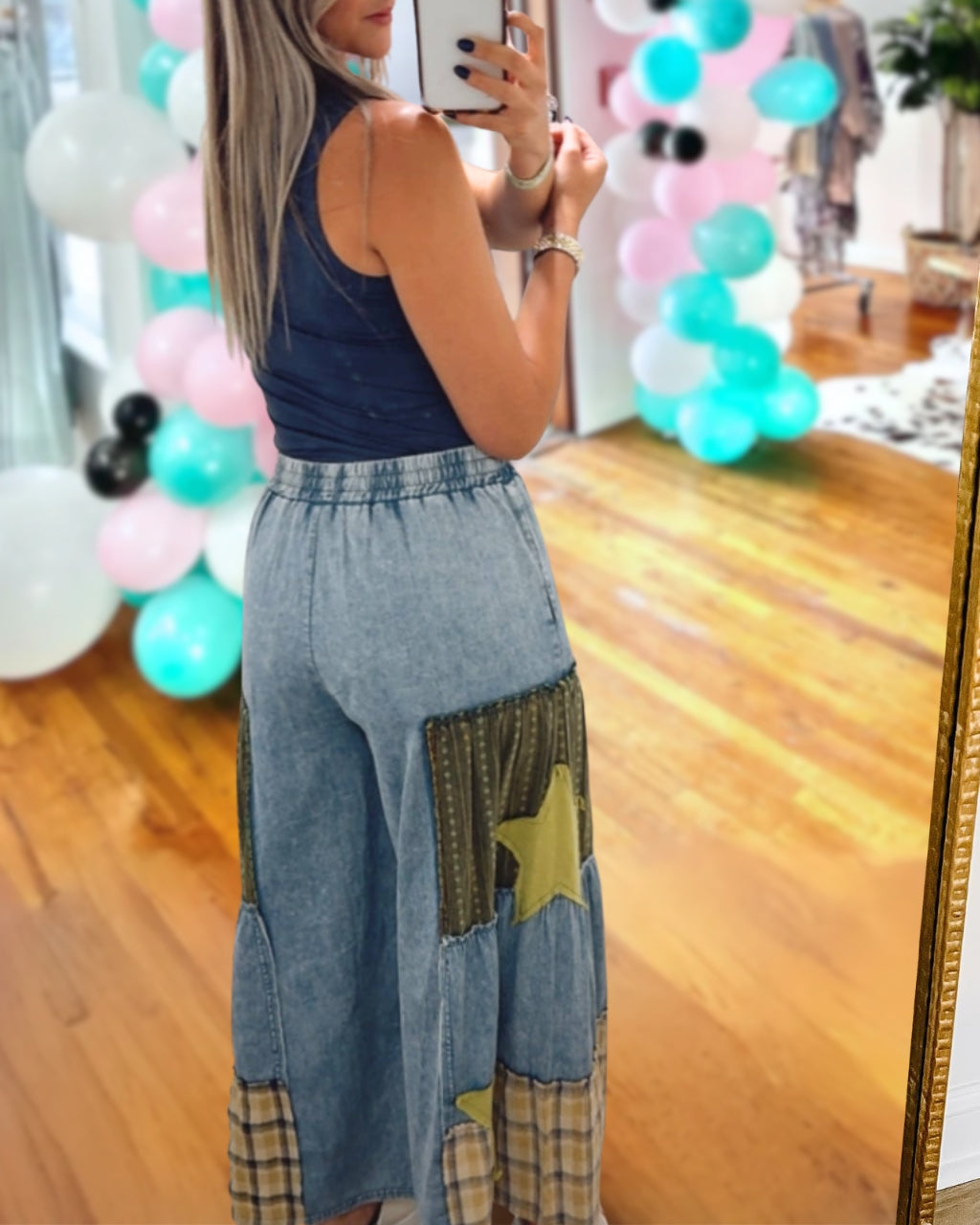 Star Patchwork Wide-Leg Denim Pants