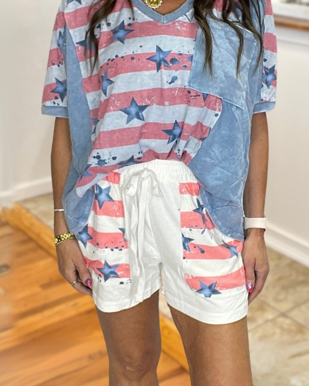 Patriotic-Style Drawstring Casual Shorts