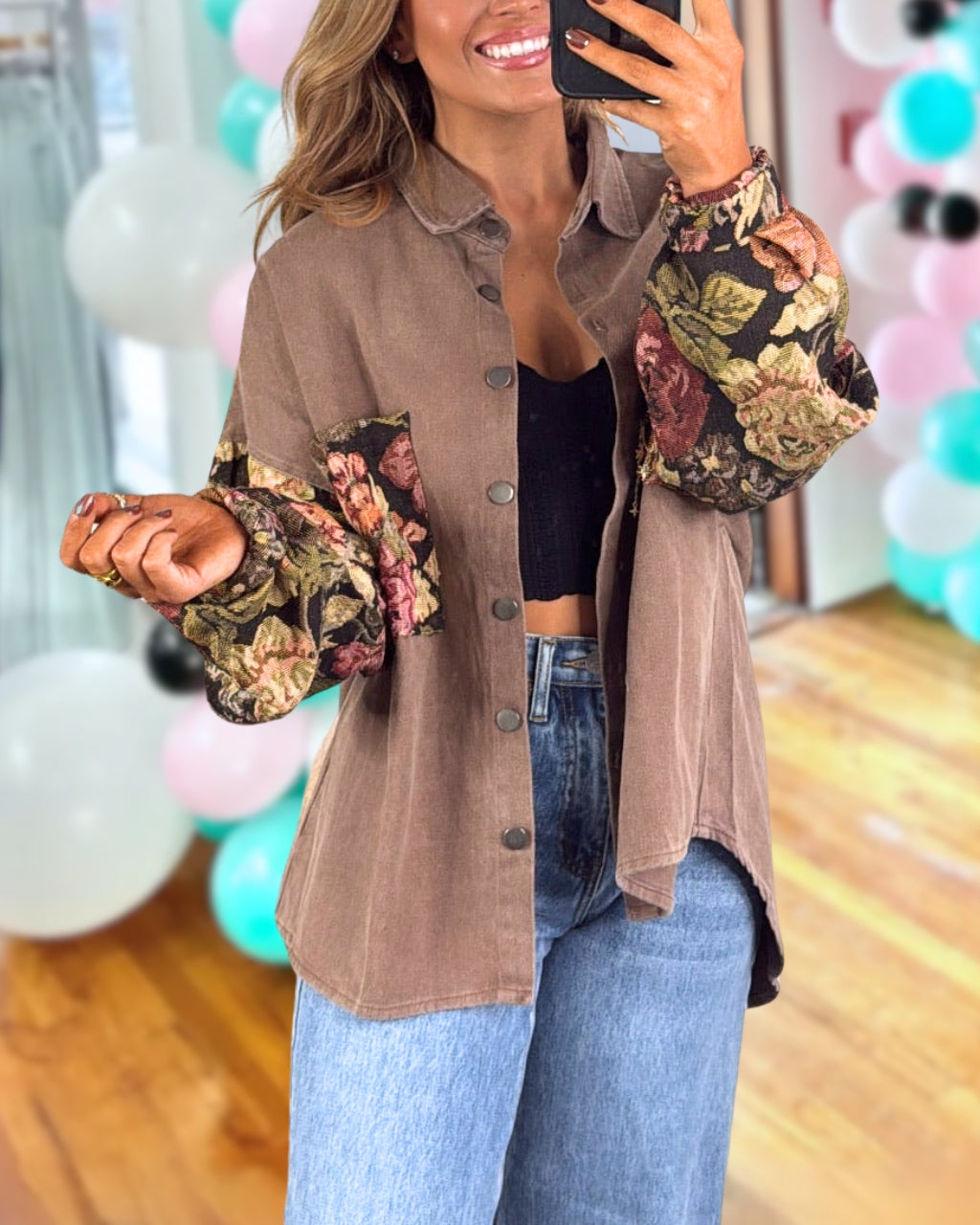 Mixed Pattern Floral Jacquard Shacket