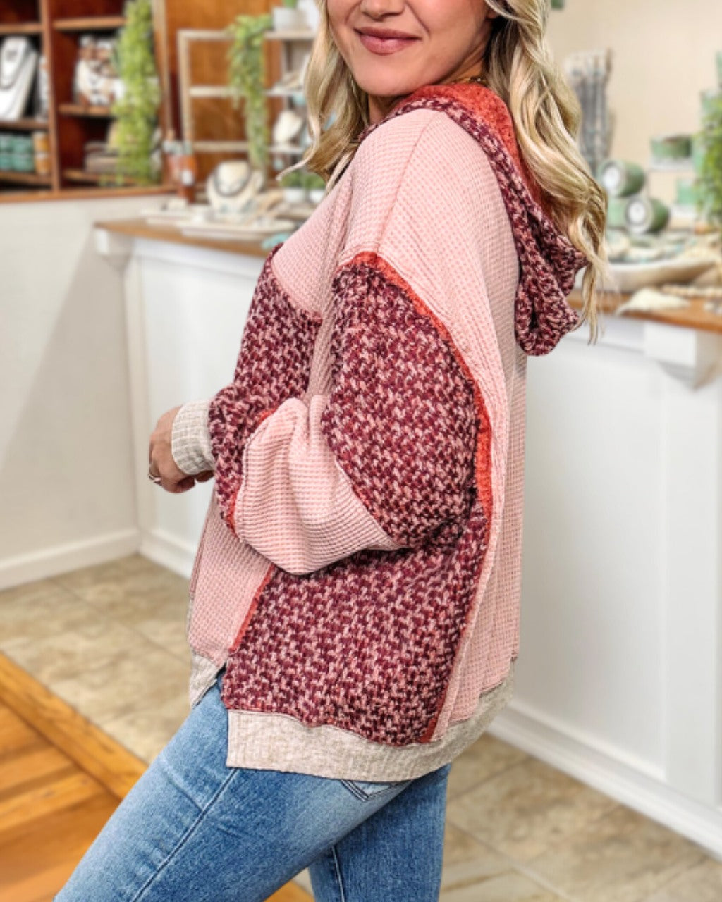Lively Waffle Knit Patchwork Hoodie