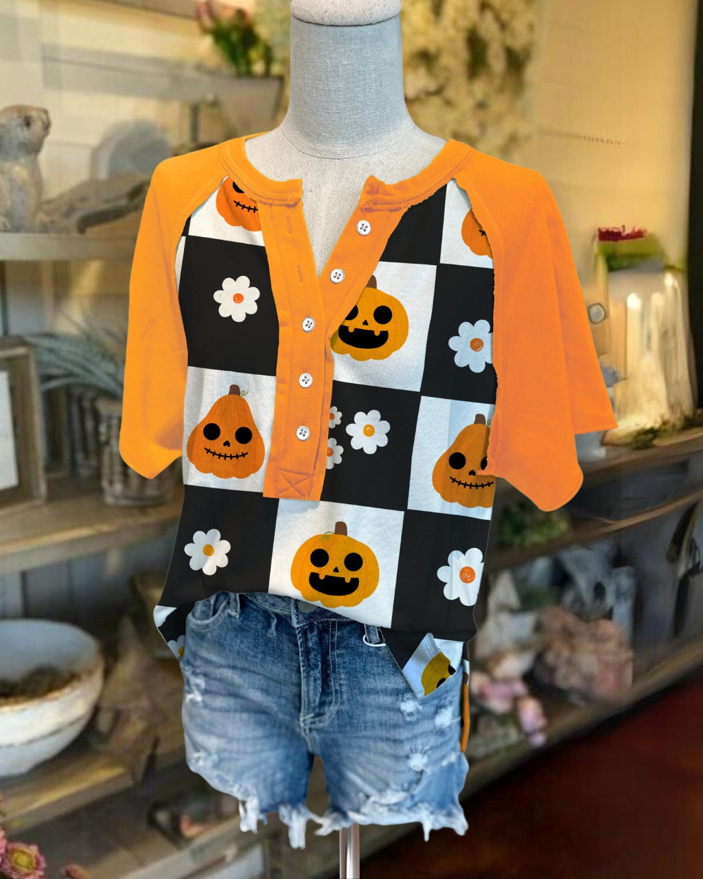 Lively Halloween Pumpkin Check Henley Tee