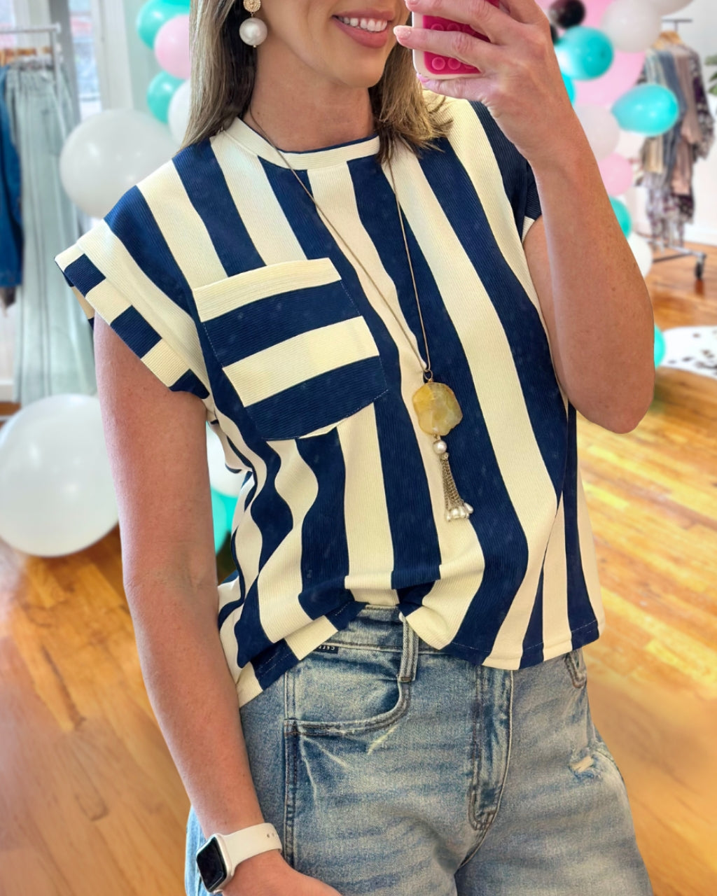 Round Neck Pocket Stripe Top