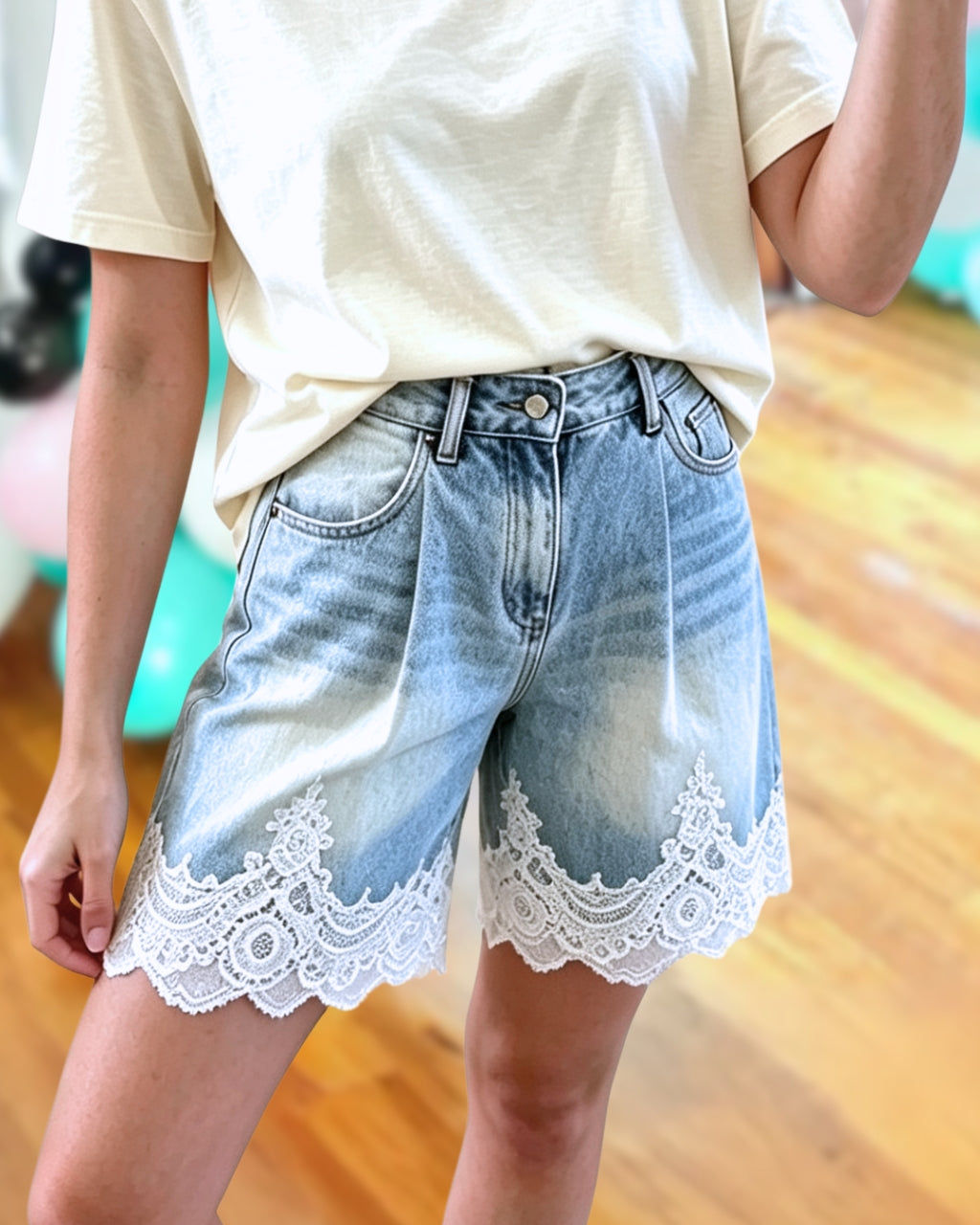 Lace Hem Boho Denim Shorts