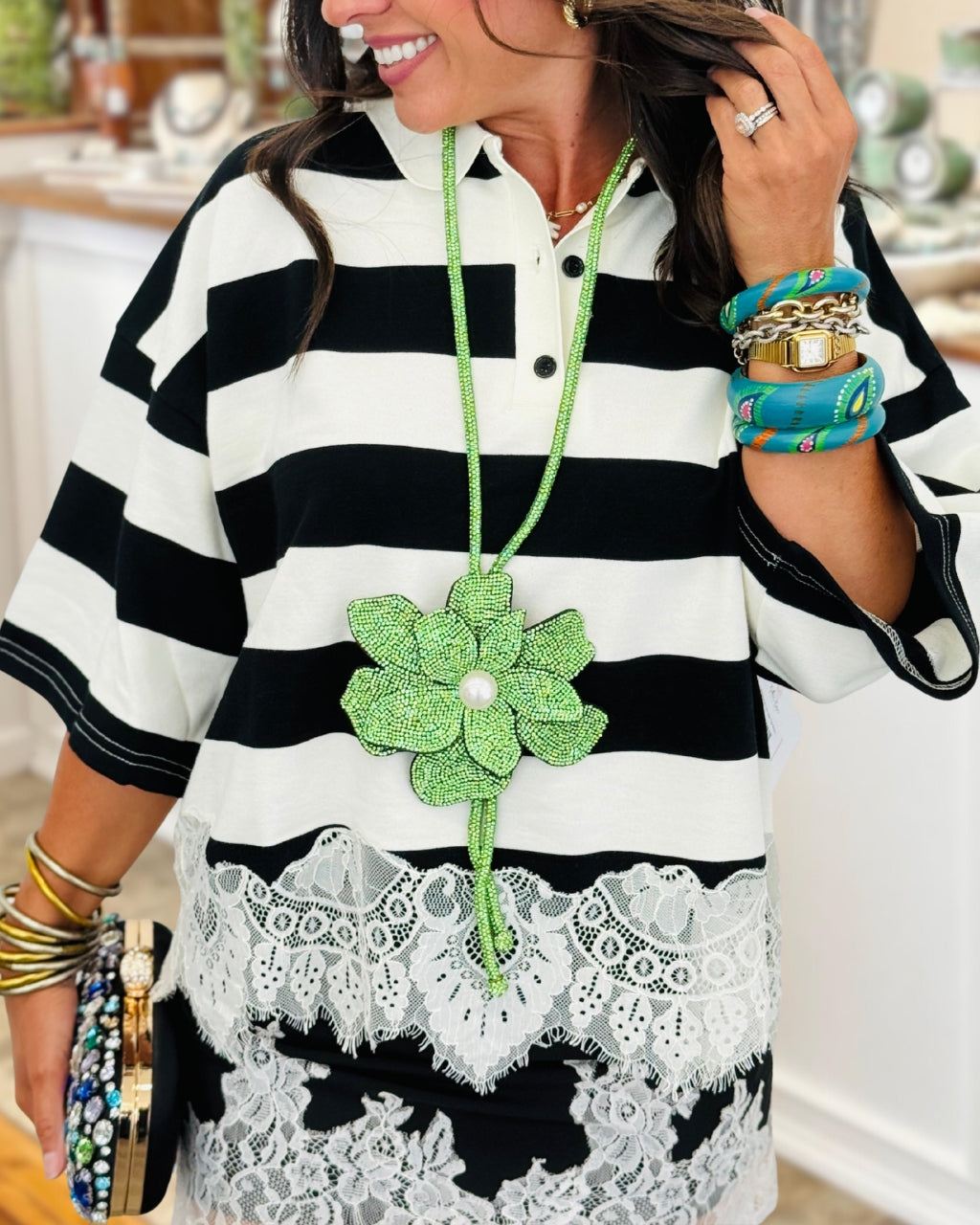 Lace Trim Hem Striped Top