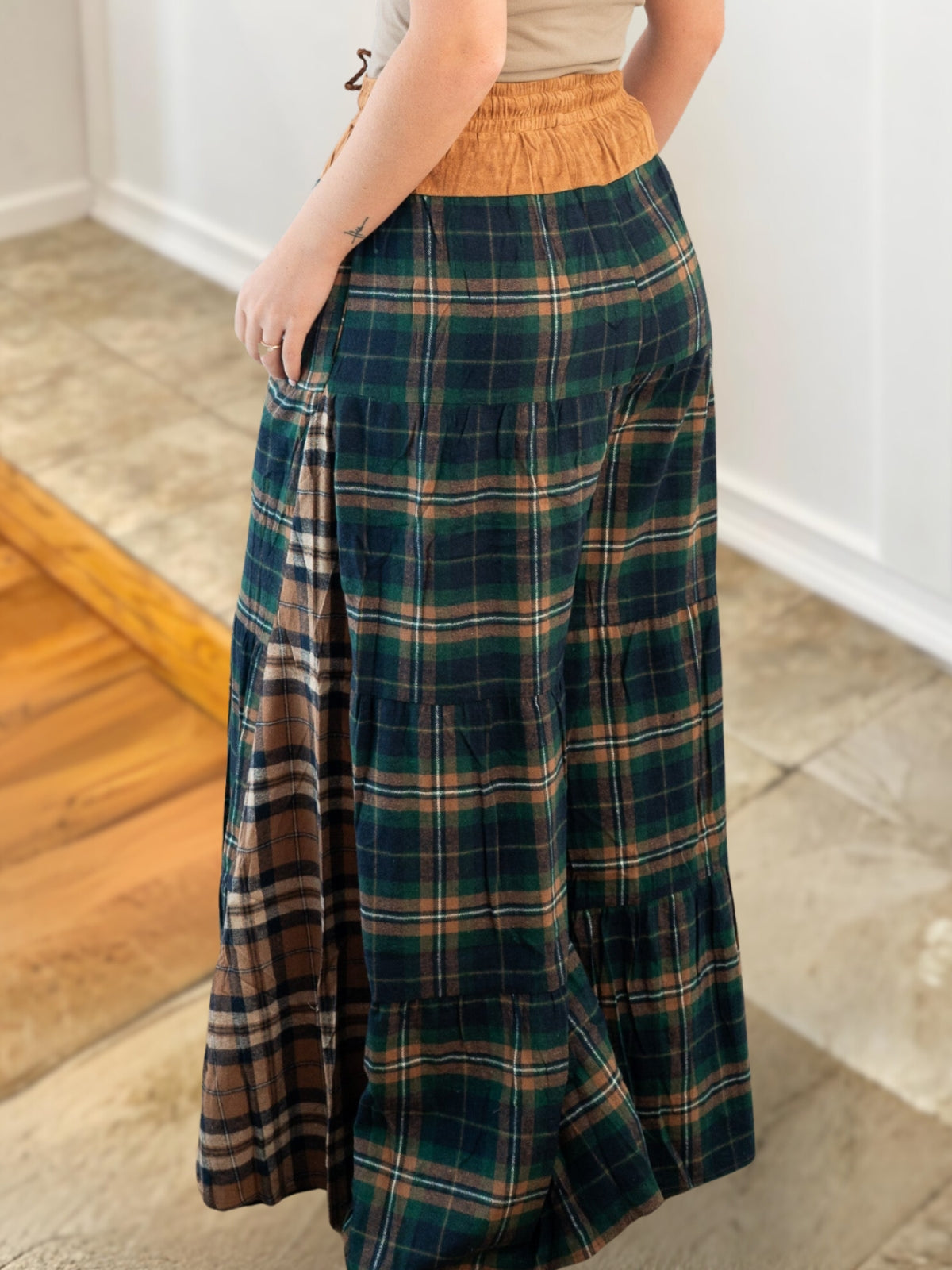 Ruffled Plaid Wool Blend Wide Leg Pants