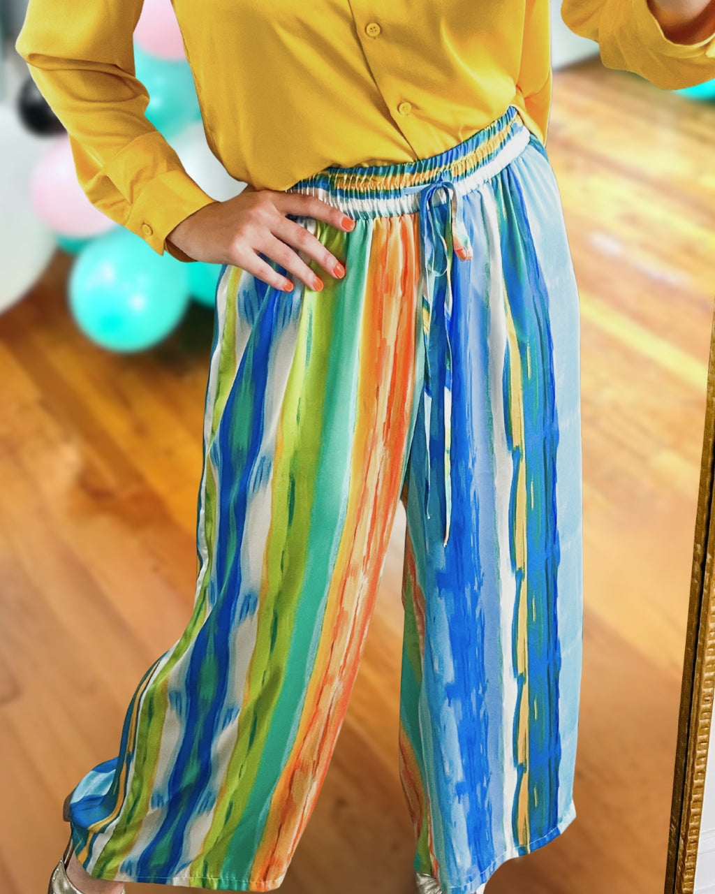 Oil-Painting Stripe Satin Wide-Leg Pants