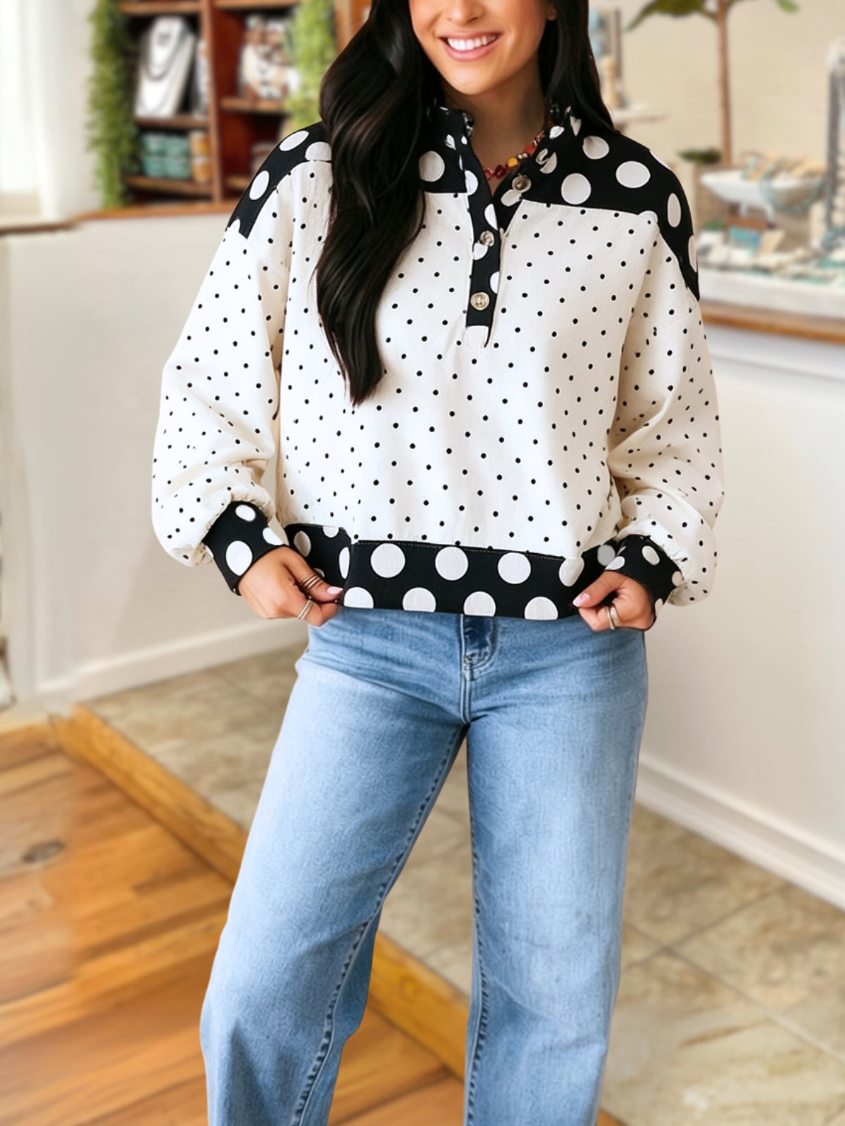 Polka-Dot Patchwork Long-Sleeve Top