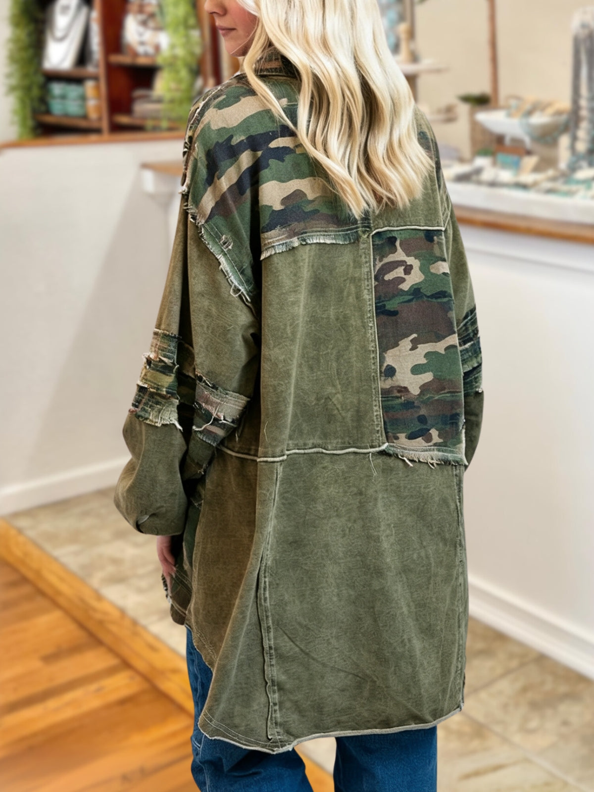 Loose Camouflage Patchwork Frayed Edge Shirt