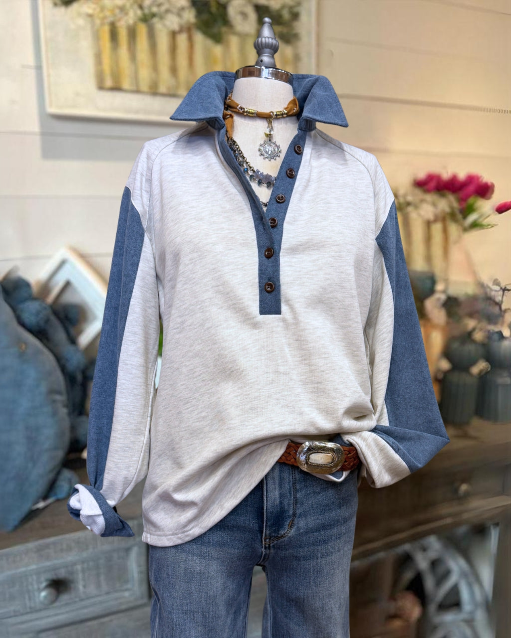Color Blocked Collared Pullover