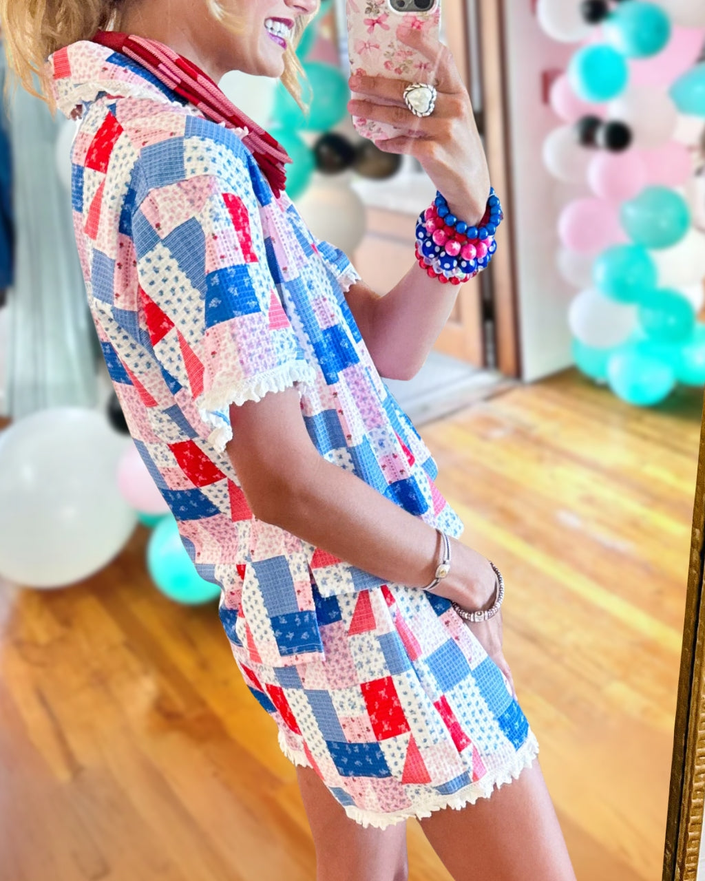 Mixed Plaid Pattern Shorts Set