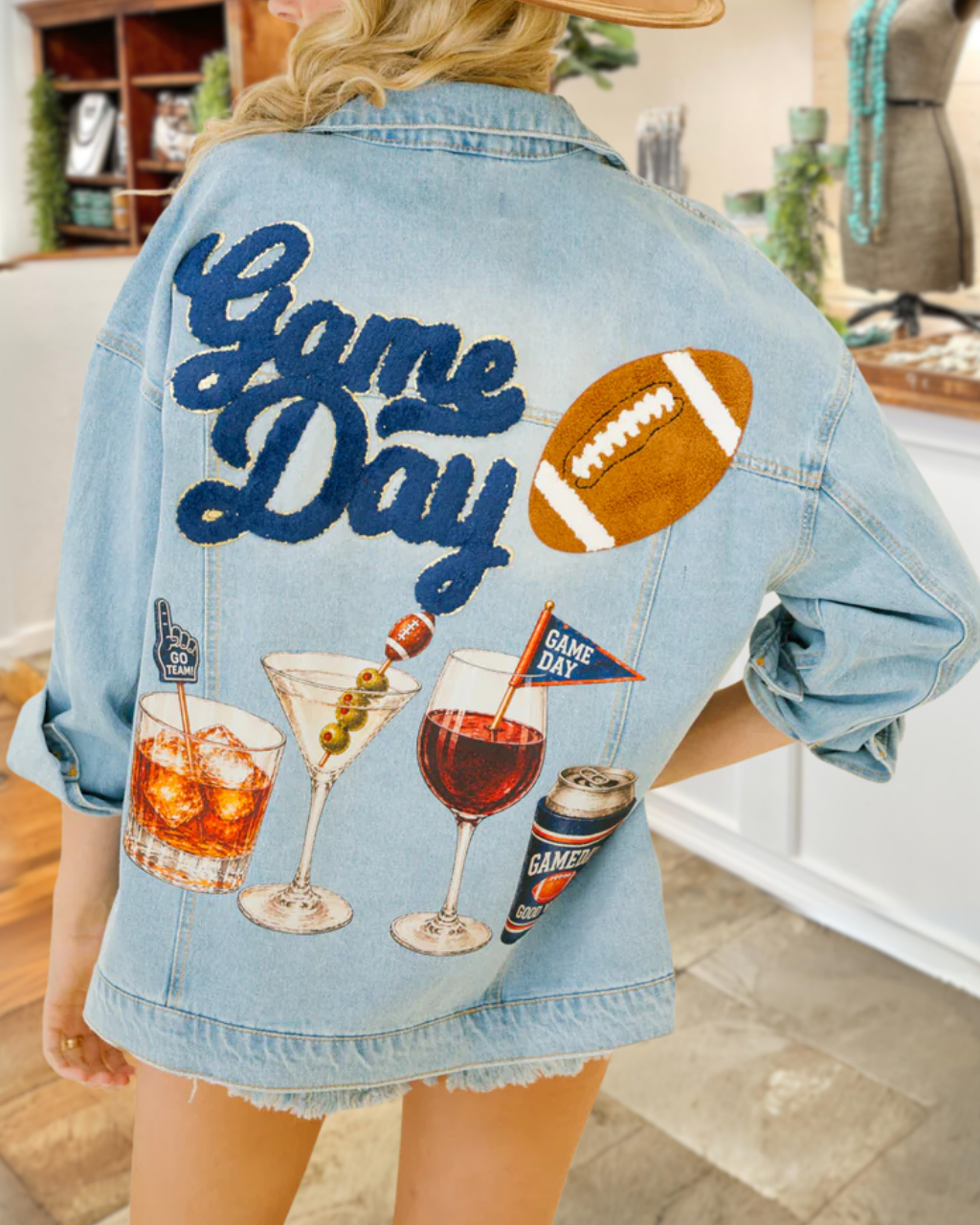 Game Day Embroidered Cocktail Print Denim Jacket
