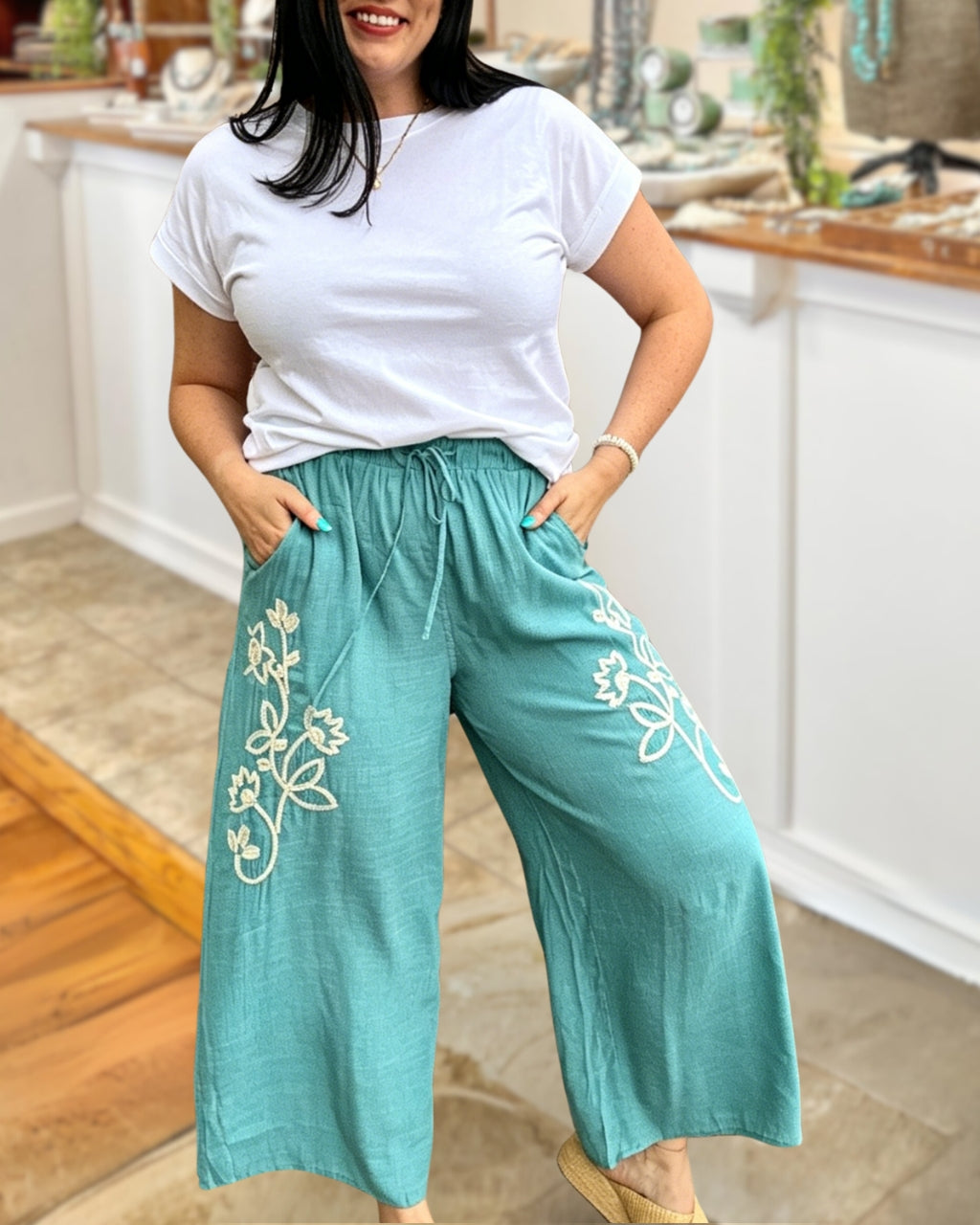 Floral-embroidered Linen Wide-leg Pants
