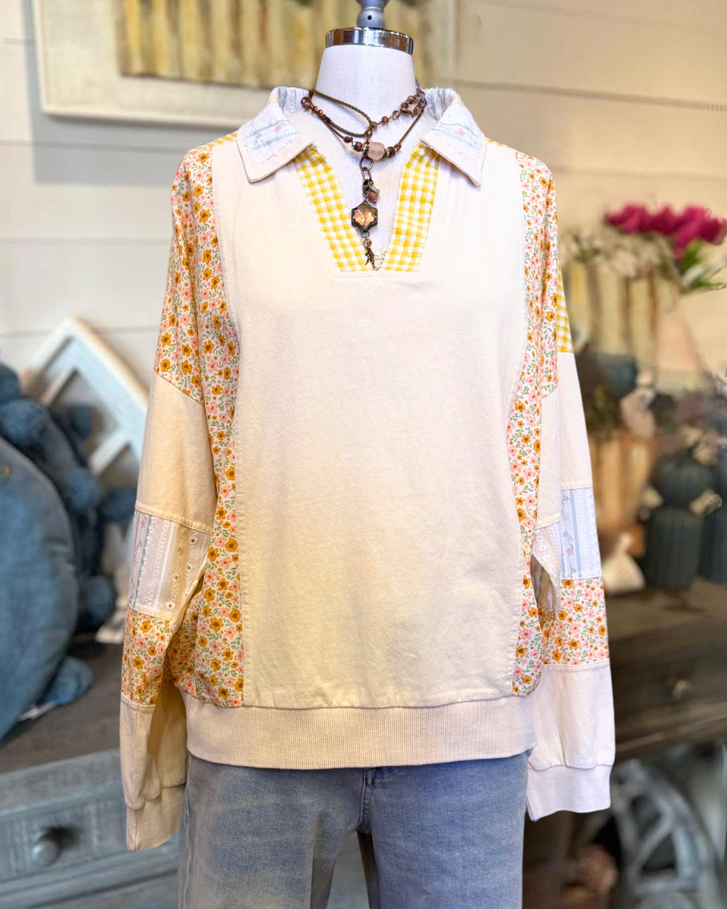 Floral Patchwork Collared Pullover