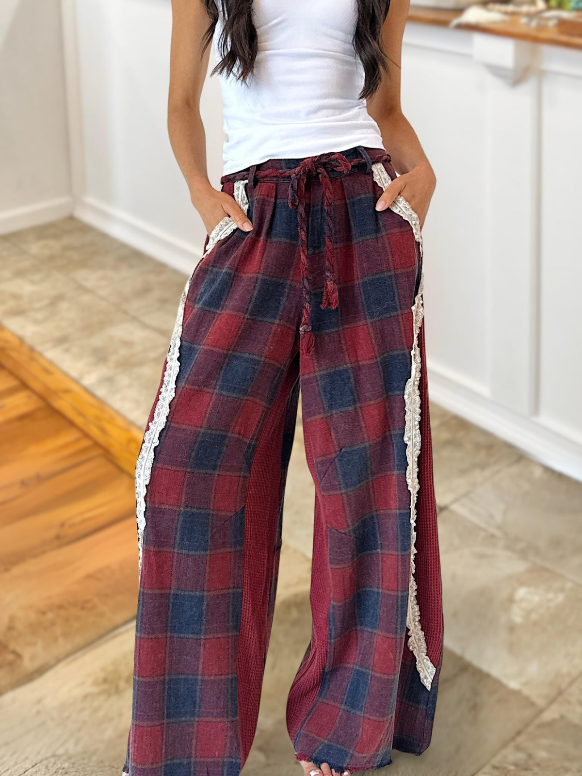 Lace Appliqué Plaid Pants