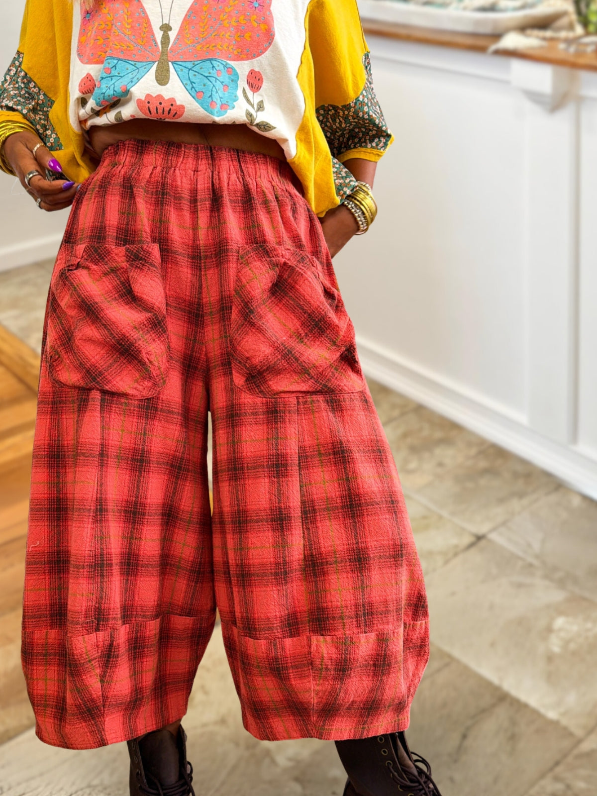 Wool Blend Plaid Wide-Leg Lantern Pants