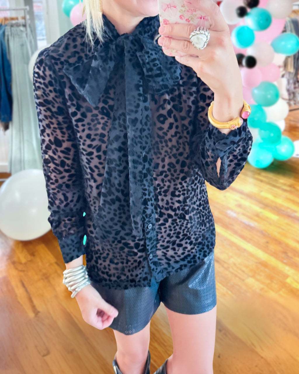 Leopard Chiffon Flocking Button Down Top