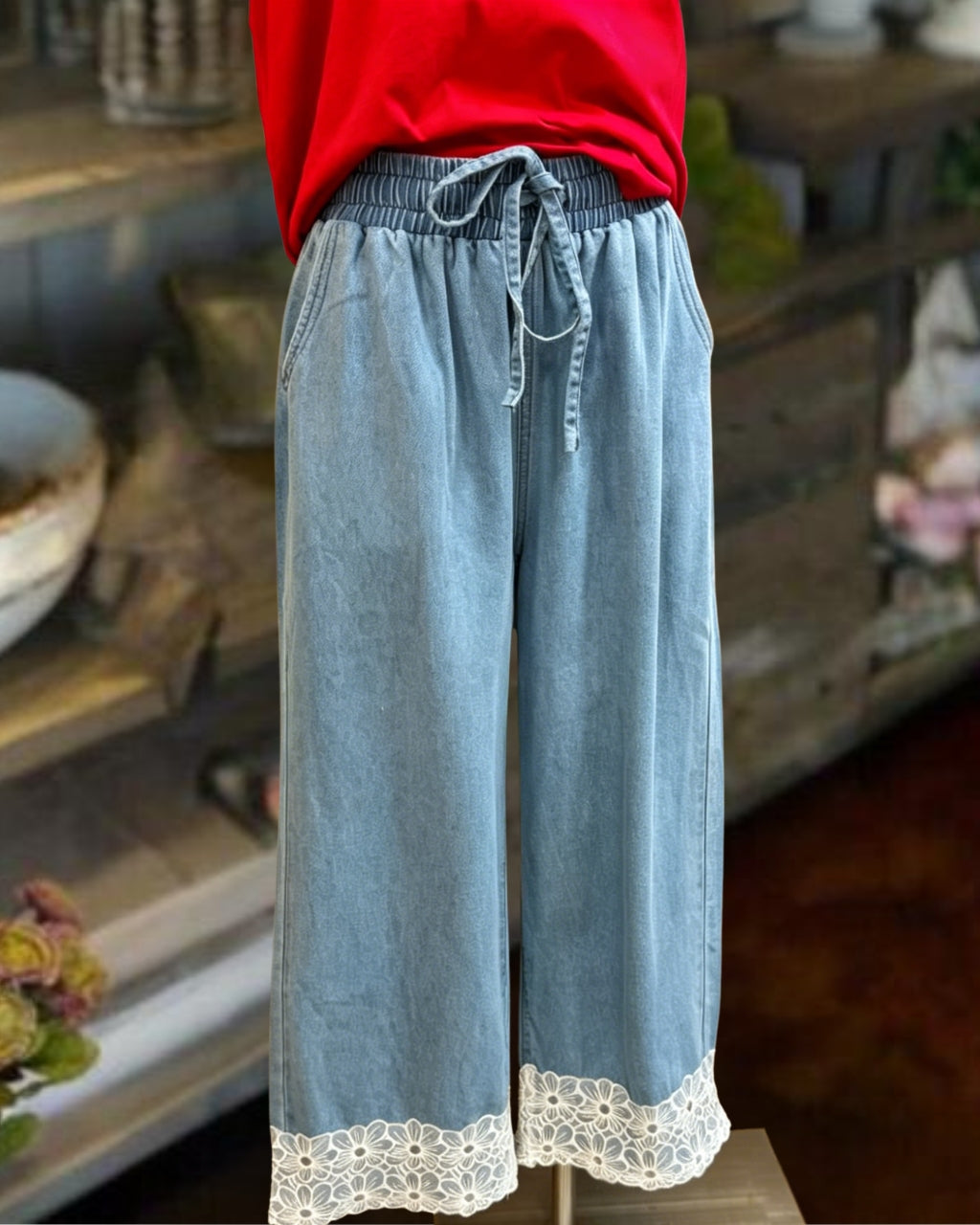 Floral Embroidered Hem Denim Pants