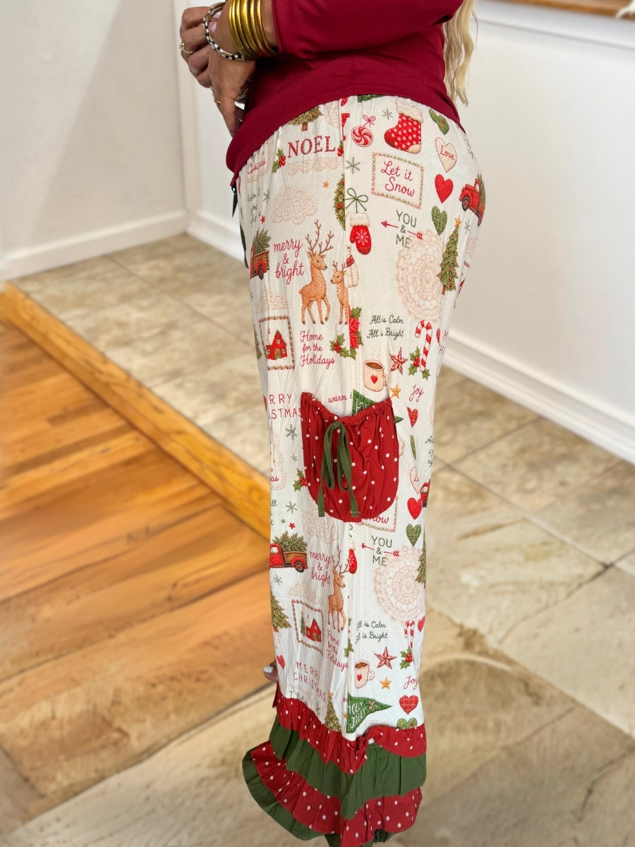 Christmas Themed Printed Ruffled Pants