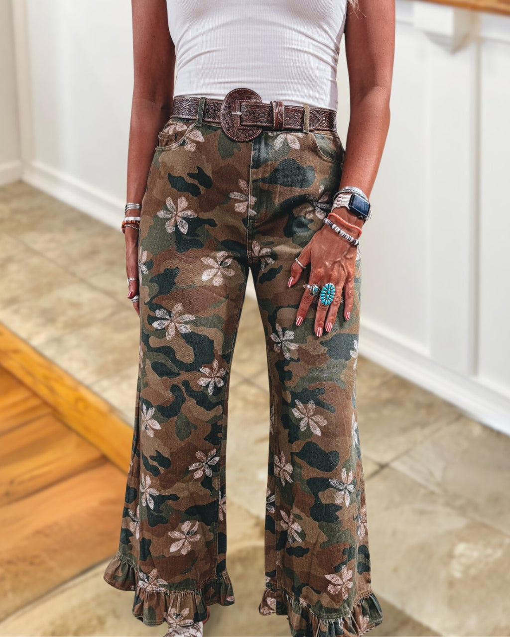Camo Floral Ruffle Hem Pants
