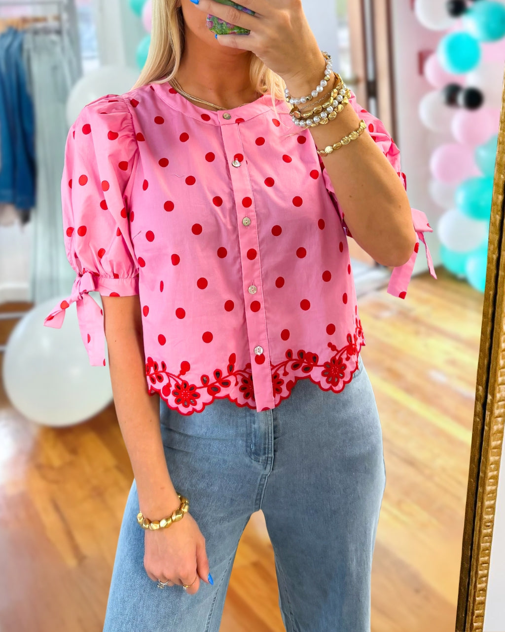 Polka Dot Embroidered Trim Top