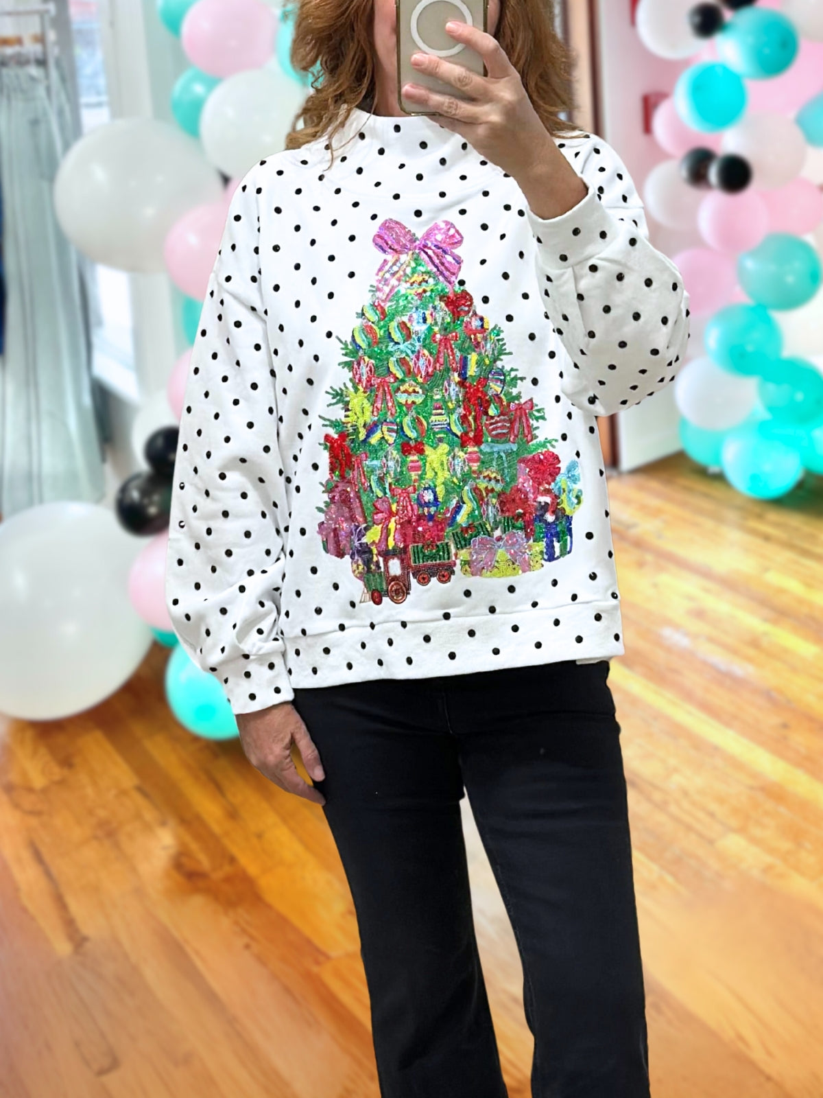 Sequin Christmas Tree Polka-Dot Pullover