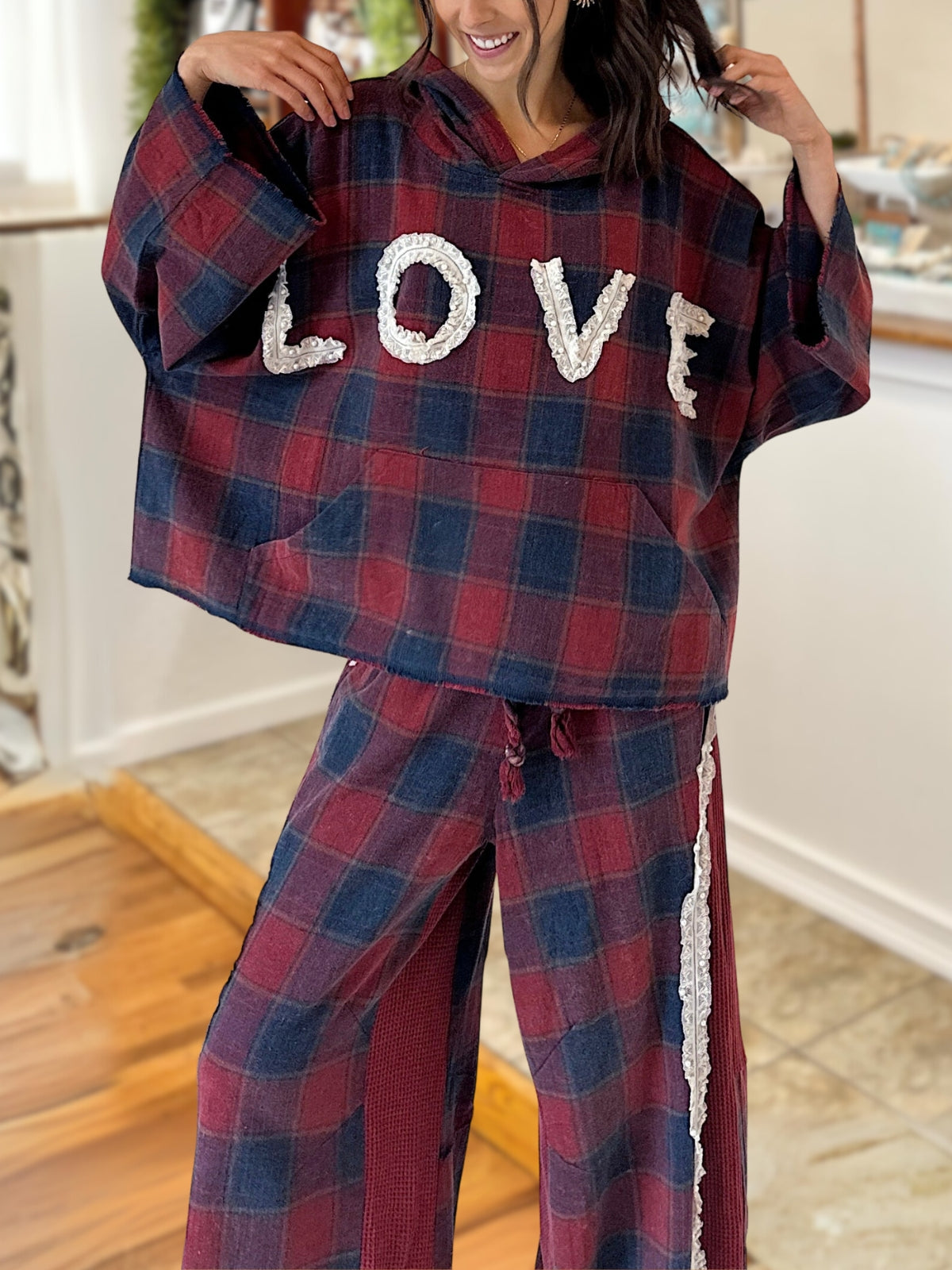LOVE Patch Plaid Hooded Top