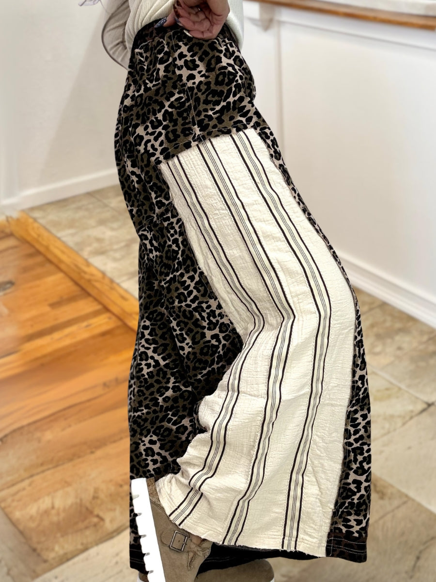 Leopard Print Striped Patchwork Wide-Leg Pants