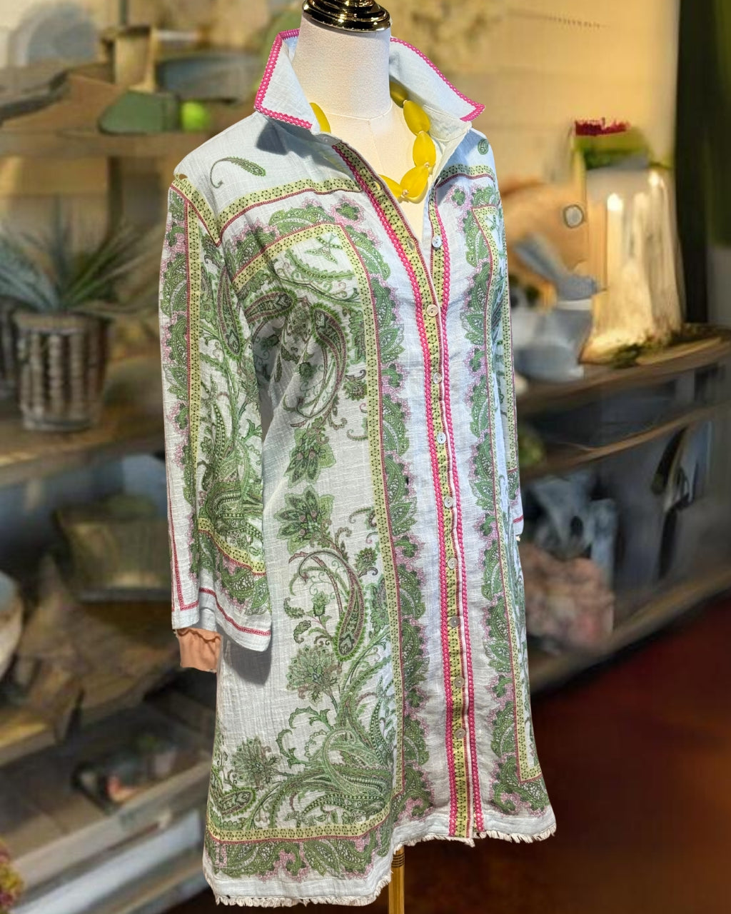 Paisley Pattern Linen Shirt Dress
