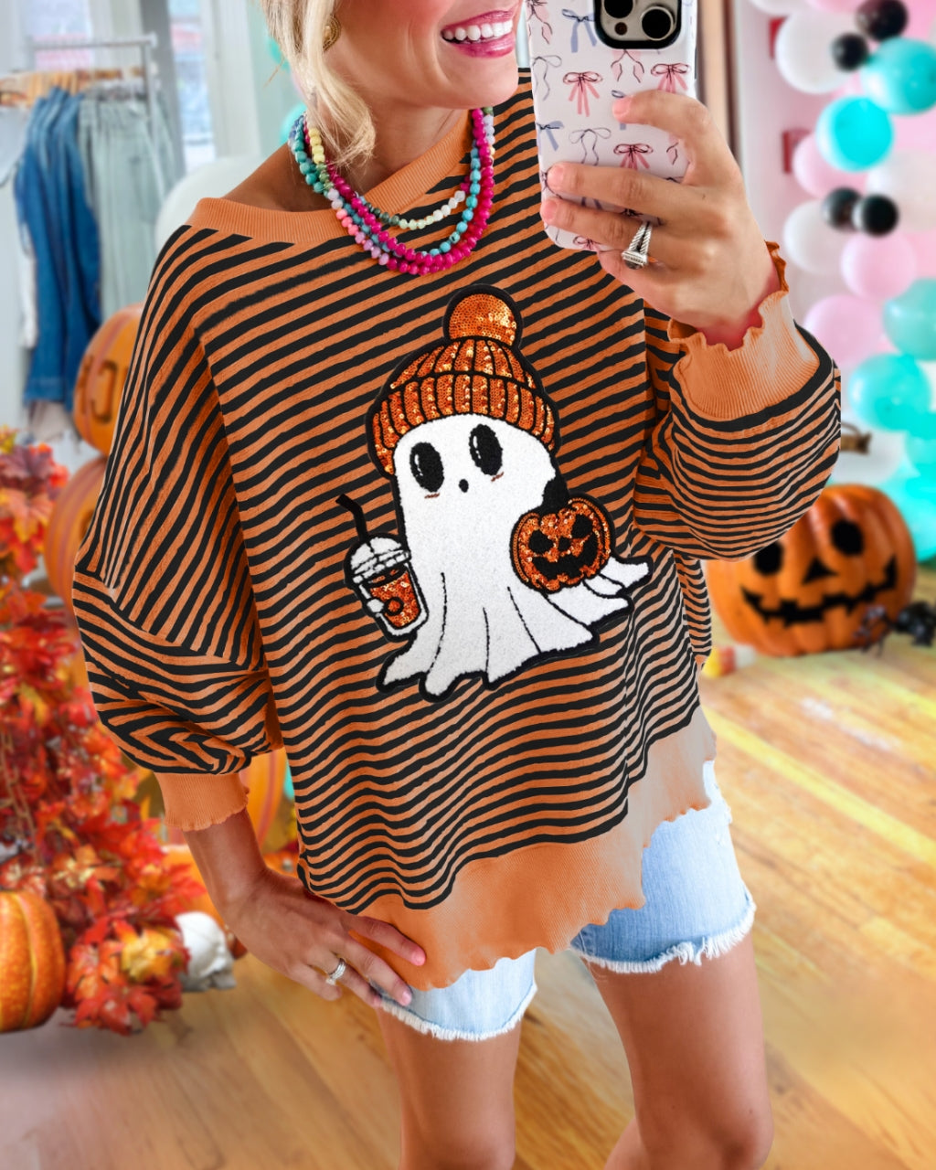 Cute Ghost Latte Sequin Striped Pullover