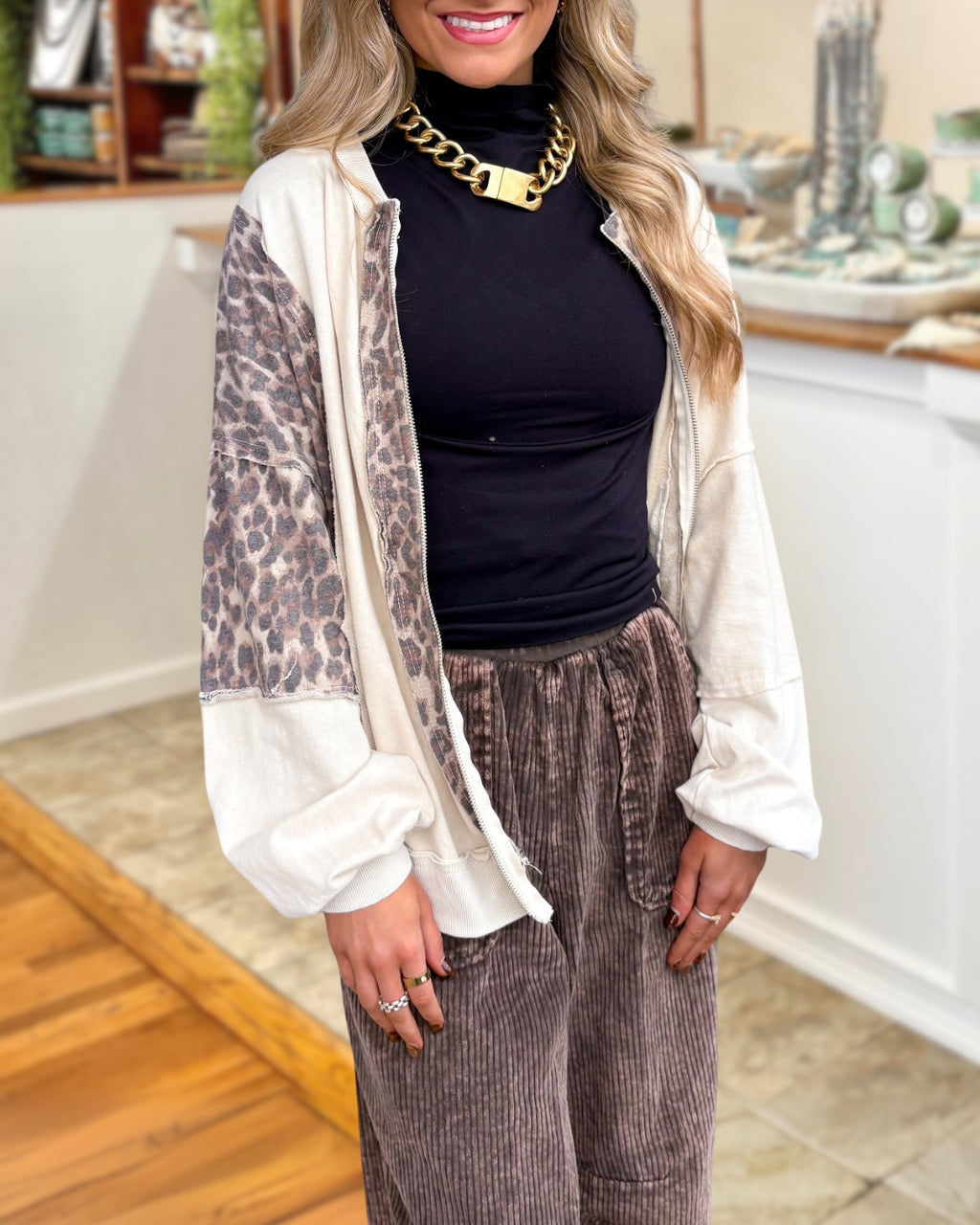 Leopard-print Panel Zip-up Jacket
