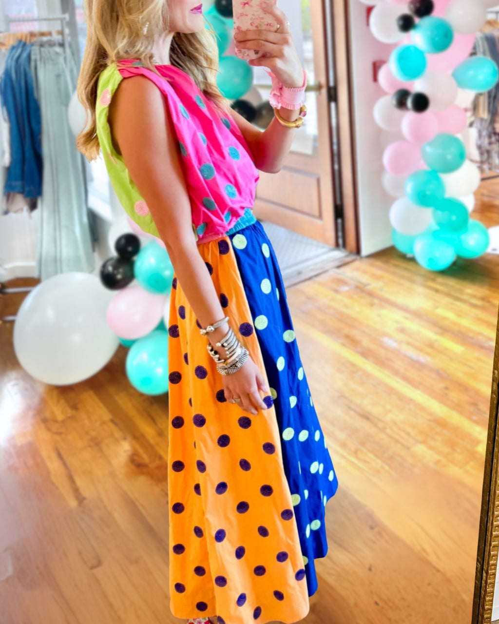 Color-block Polka Dot Poplin Skirt